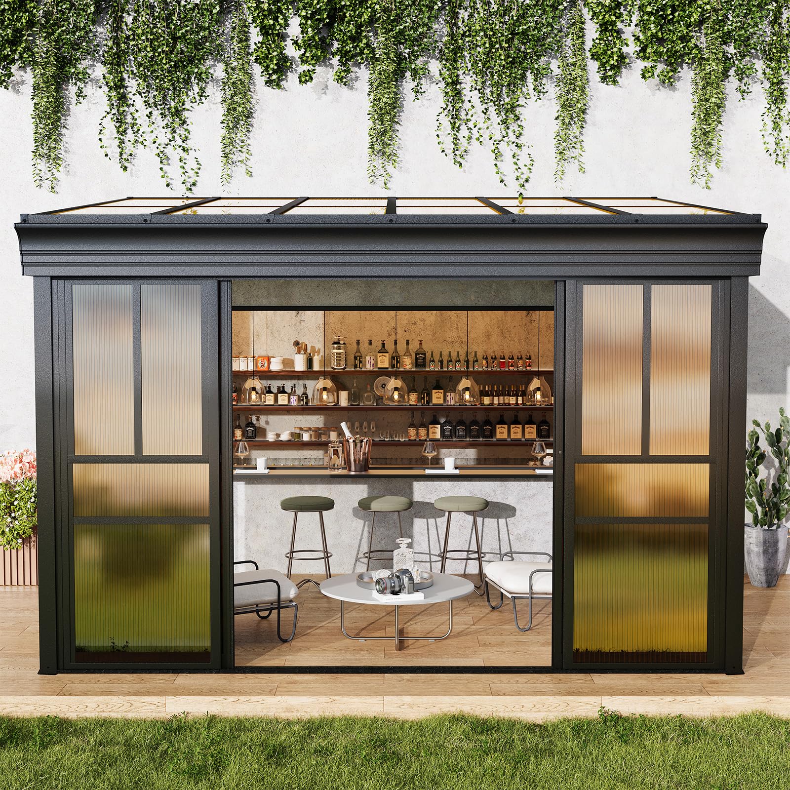 HOMREST 8x12 Lean-to Sunroom Gazebo, Enclosed Patio Shelter with Sliding Doors, Polycarbonate Roof and Gray-Tinted Panels, Aluminum Frame for Backyard