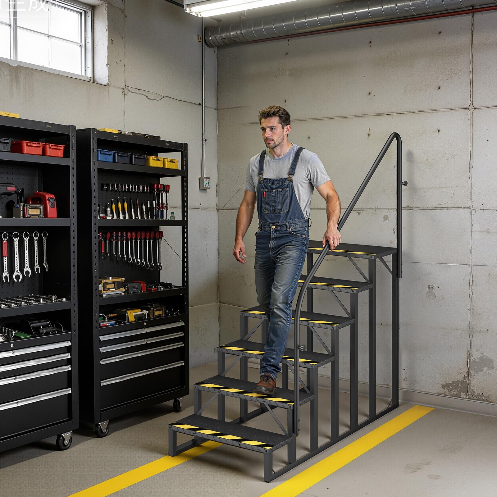 HOMREST 6-Step RV Steps with Handrail, 660LBS Capacity, Metal Mobile Home Stairs with Armrest, Anti-Slip Hot Tub & Camper Steps, Non-Skid Treads