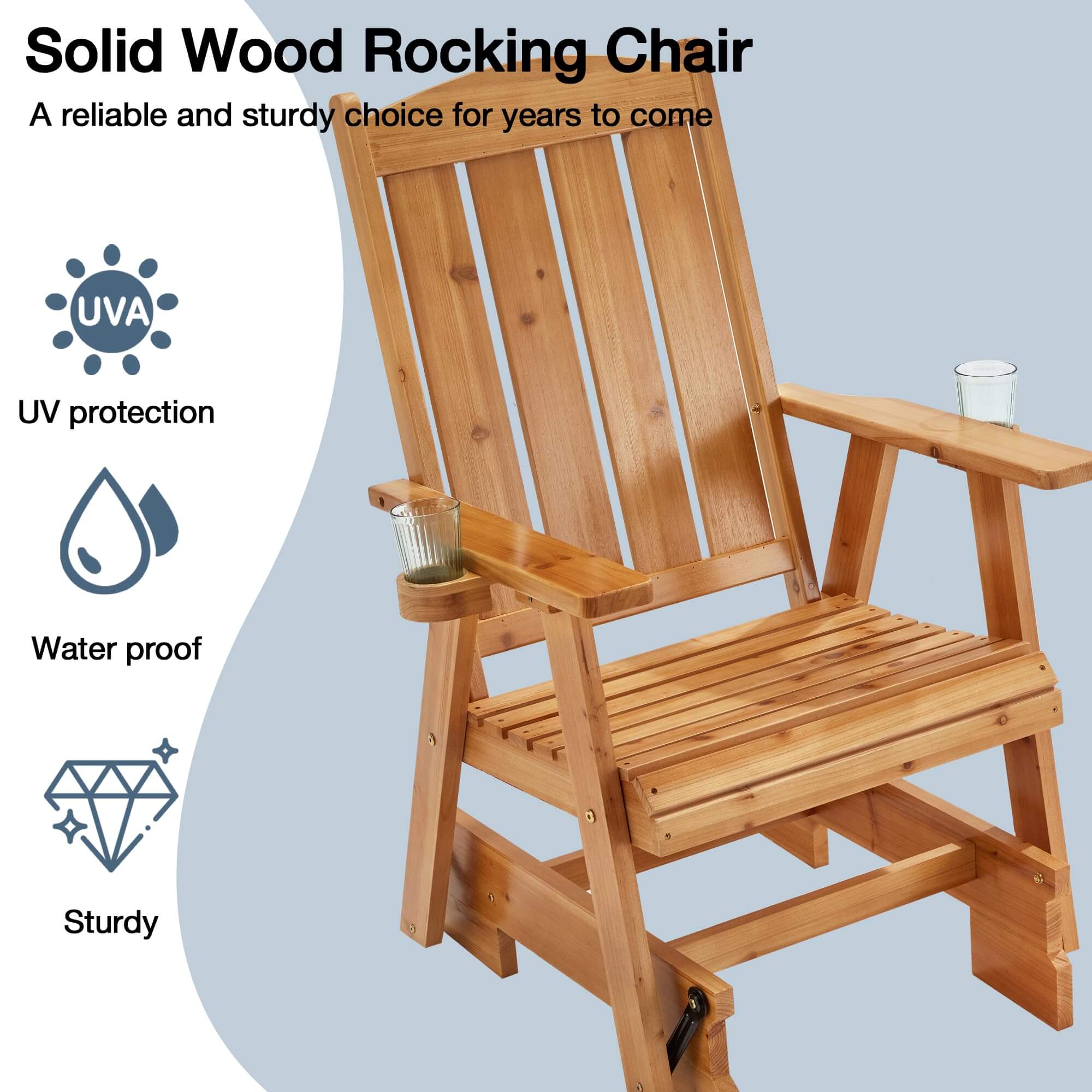 Homrest Wooden Patio Glider Chair with Cup Holders Heavy Duty 700lbs