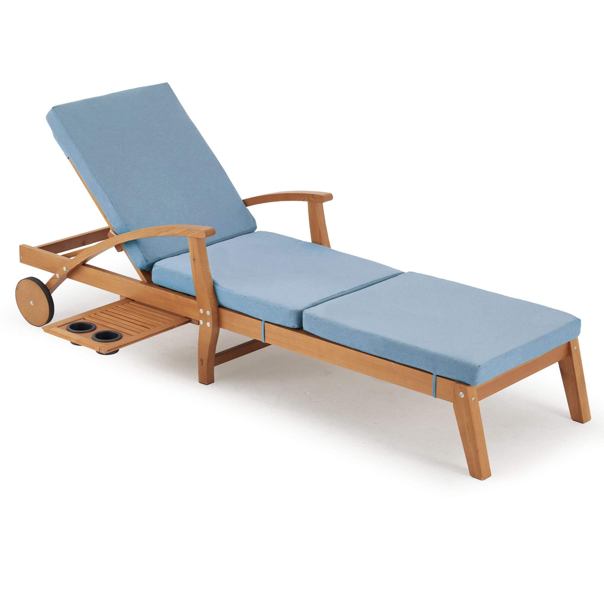 Outdoor Wood Chaise Lounge Chair, with Slide-Out Tray, Adjustable Backrest, Moving Wheels and Breathable Fabric (Blue)