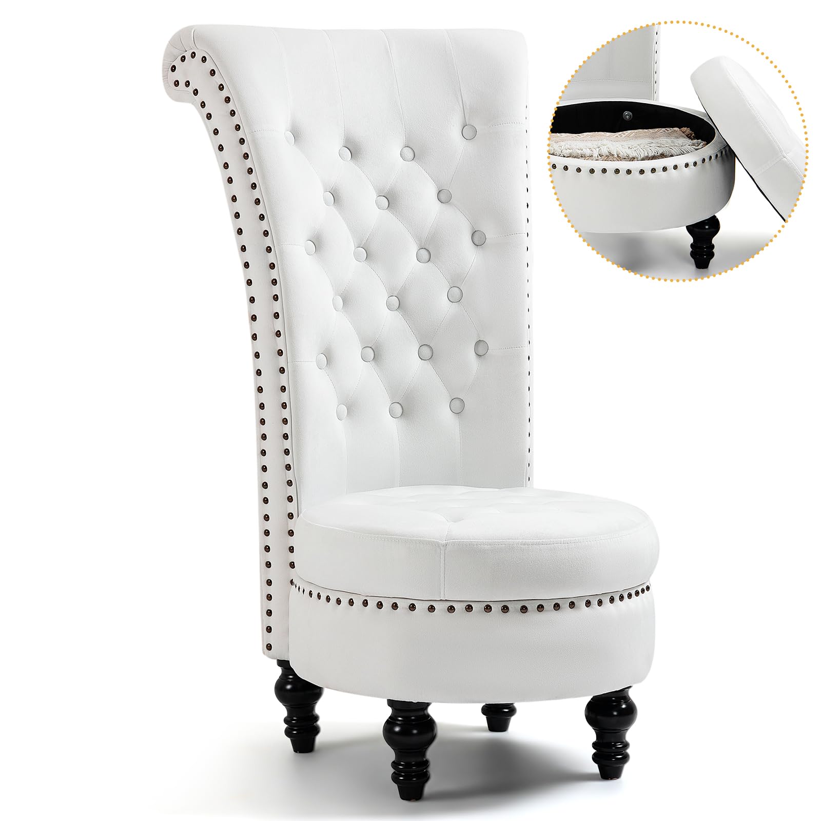 Homrest Throne High-Back Velvet Accent Chair with Storage – White