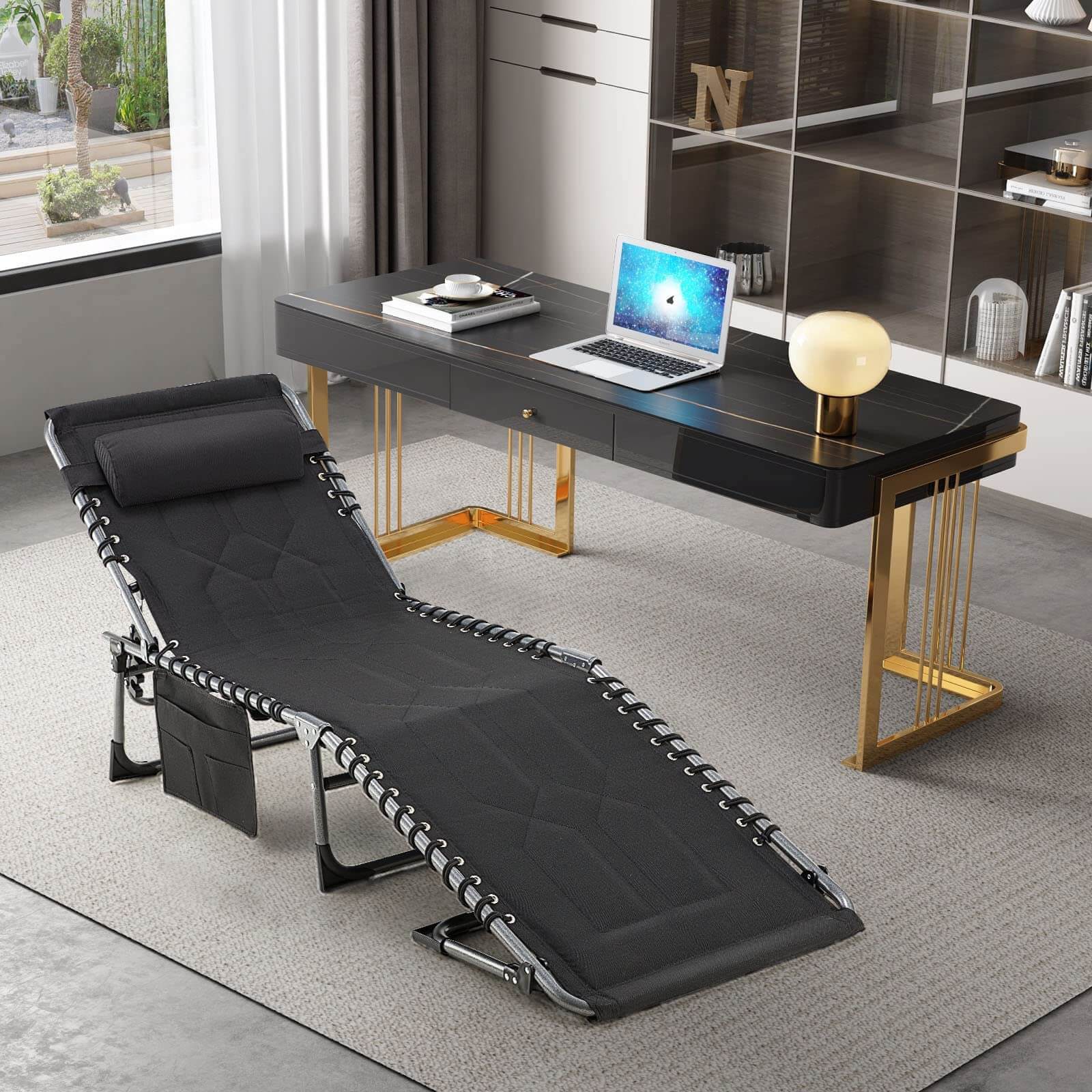 Patio Folding Chaise Lounge Chair Set of 2, Portable Outdoor Chair with Detachable Pocket and Pillow（Black）