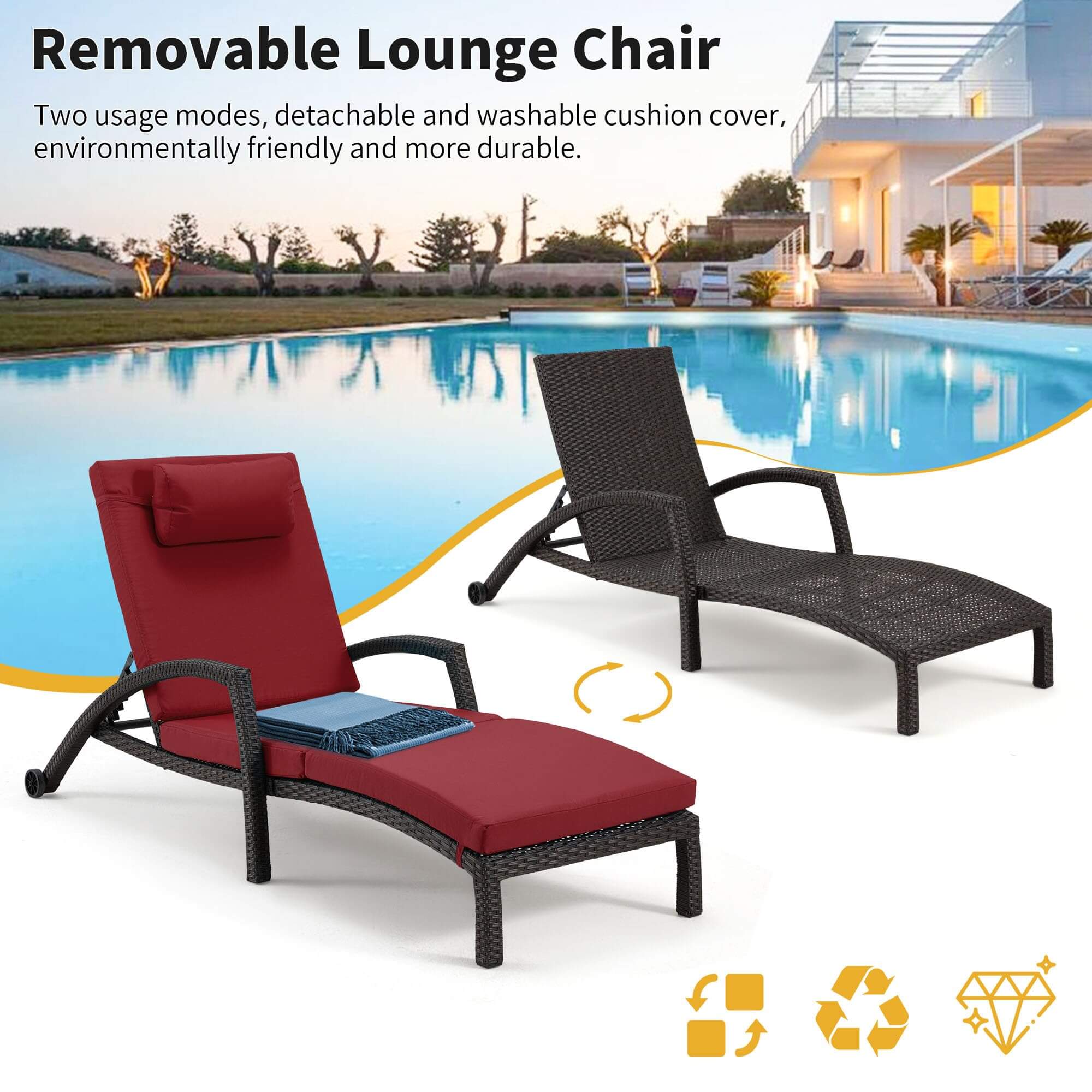 Homrest Chaise Lounge Chairs Set of 2 for Outside,  PE Rattan Wicker Lounge Chair, Wine Red