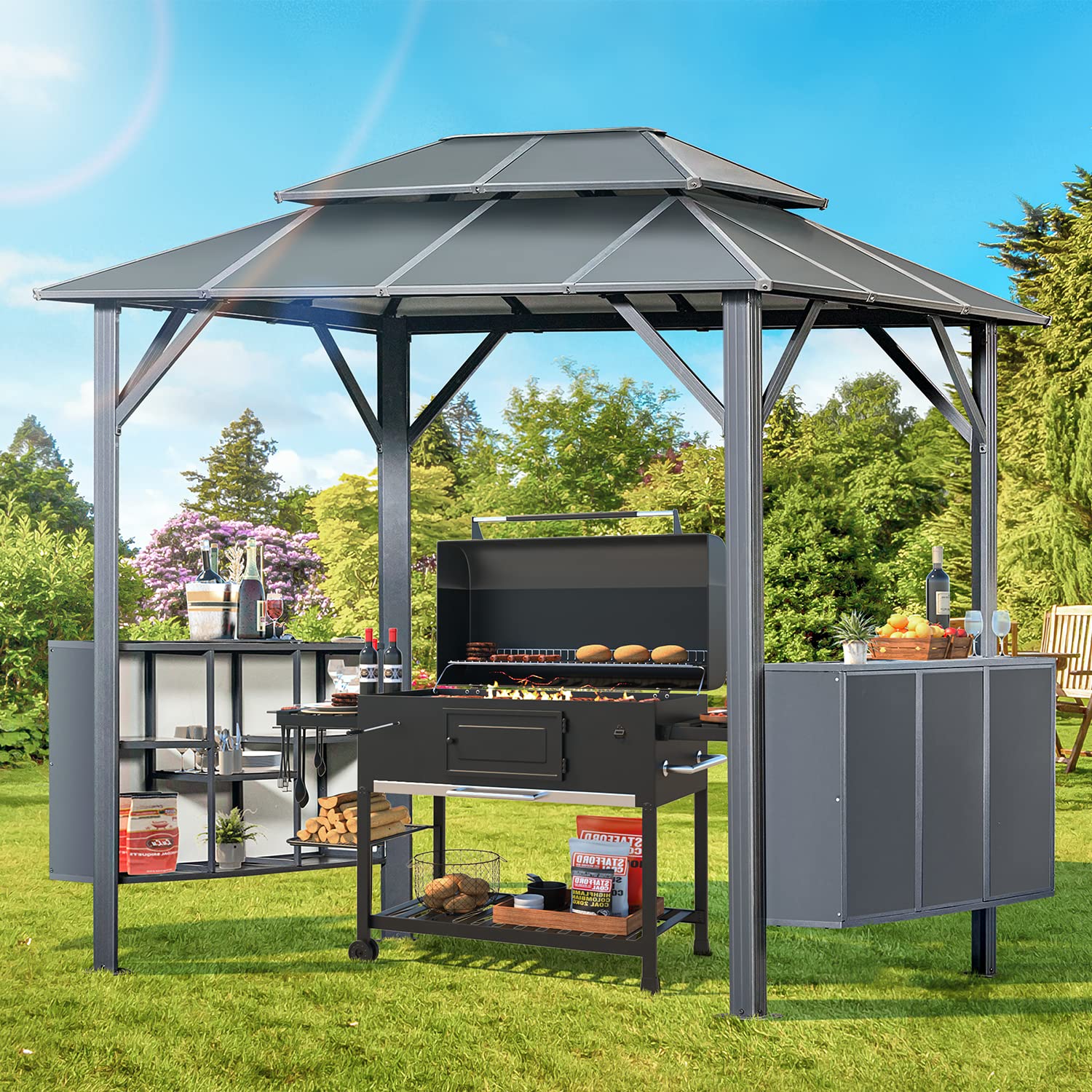 HOMREST 9x6 FT Aluminum Outdoor Gazebo with Double Roof