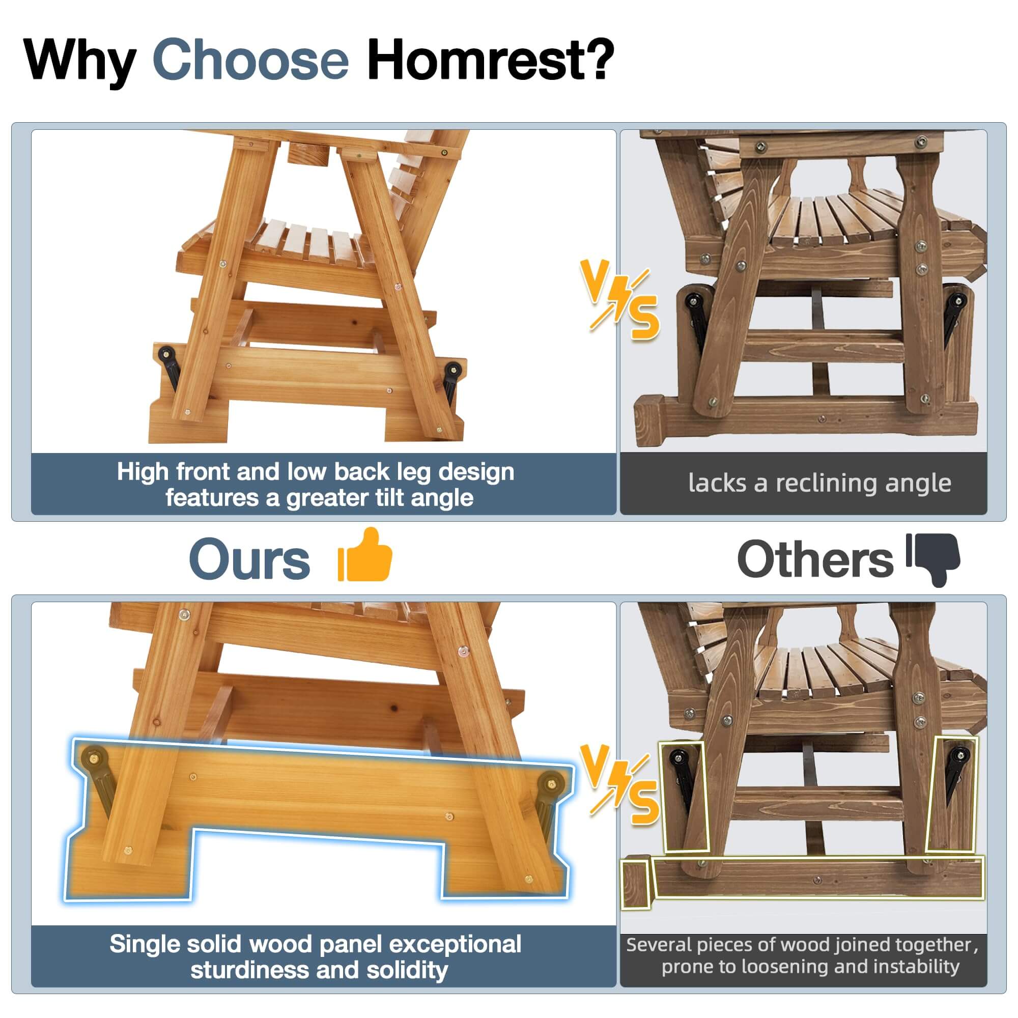 Homrest Wooden Patio Glider Chair with Cup Holders Heavy Duty 700lbs