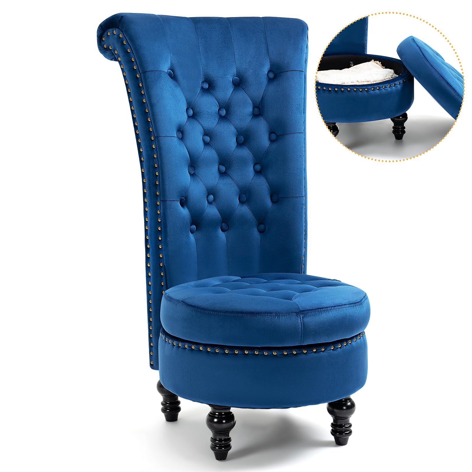 Homrest Throne High-Back Velvet Accent Chair with Storage – Blue