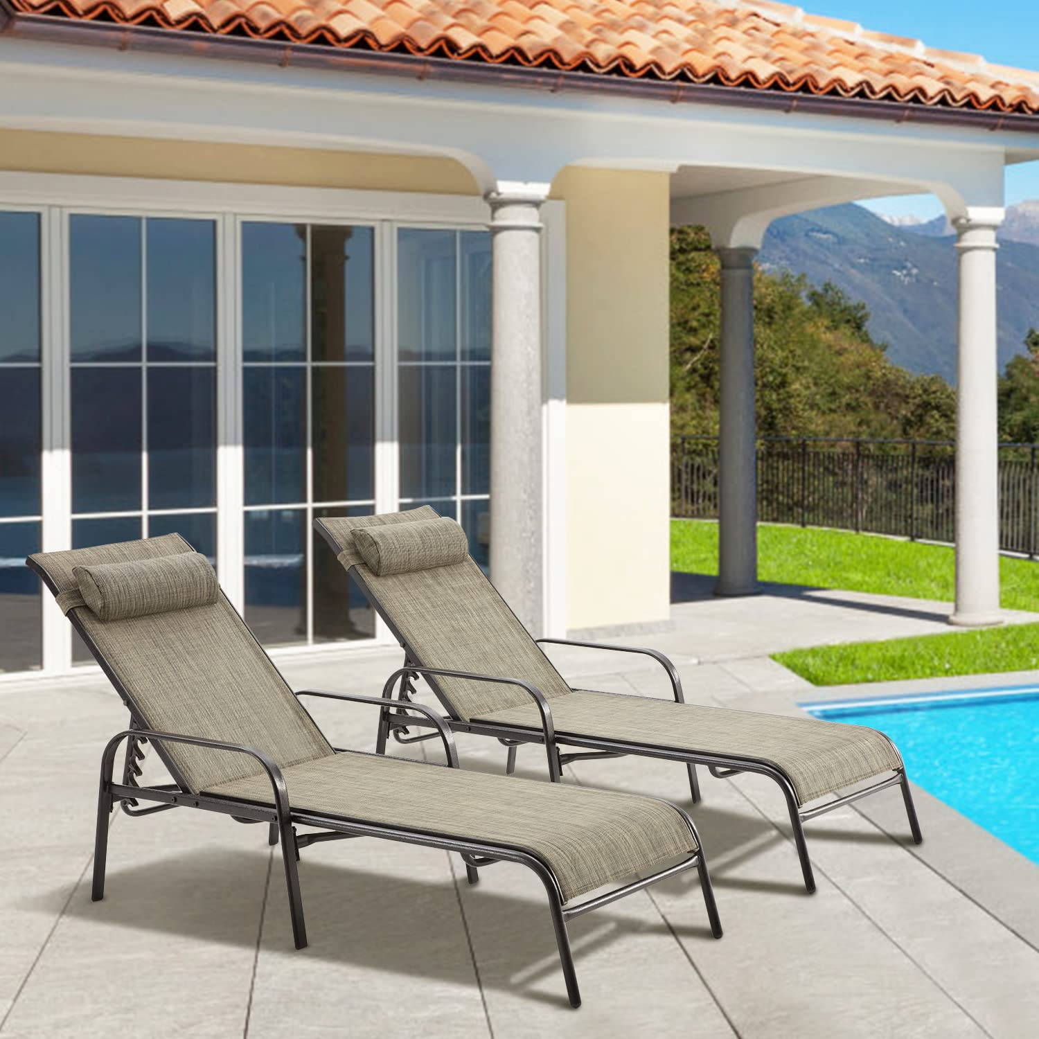 HOMREST Set of 2 Chaise Lounges Patio, Outdoor Lounge Chairs with Adjustable Backrest, All-Weather Textilene