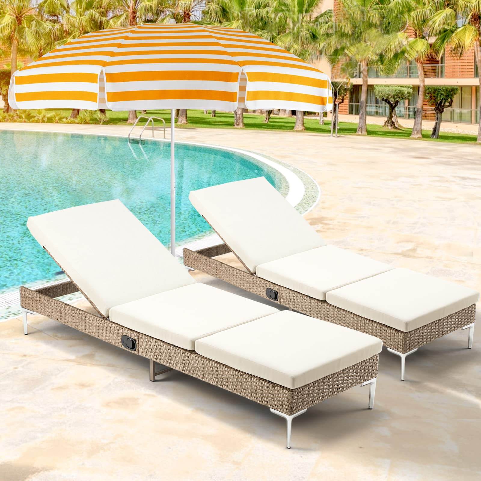 Homrest 2PCs Patio Chaise Lounge Chair with Thickened Cushion, Beige