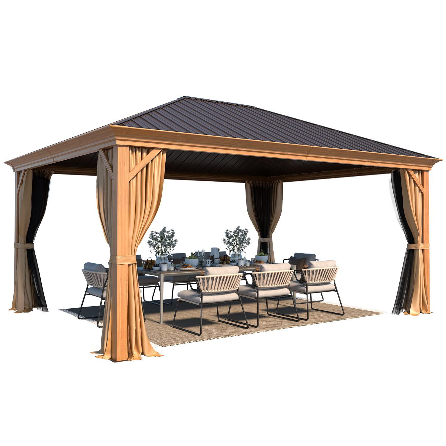 Homrest 12' x 16' Gazebo Hard-Top Single Roof Canopy,Wood Grain Aluminum Gazebo