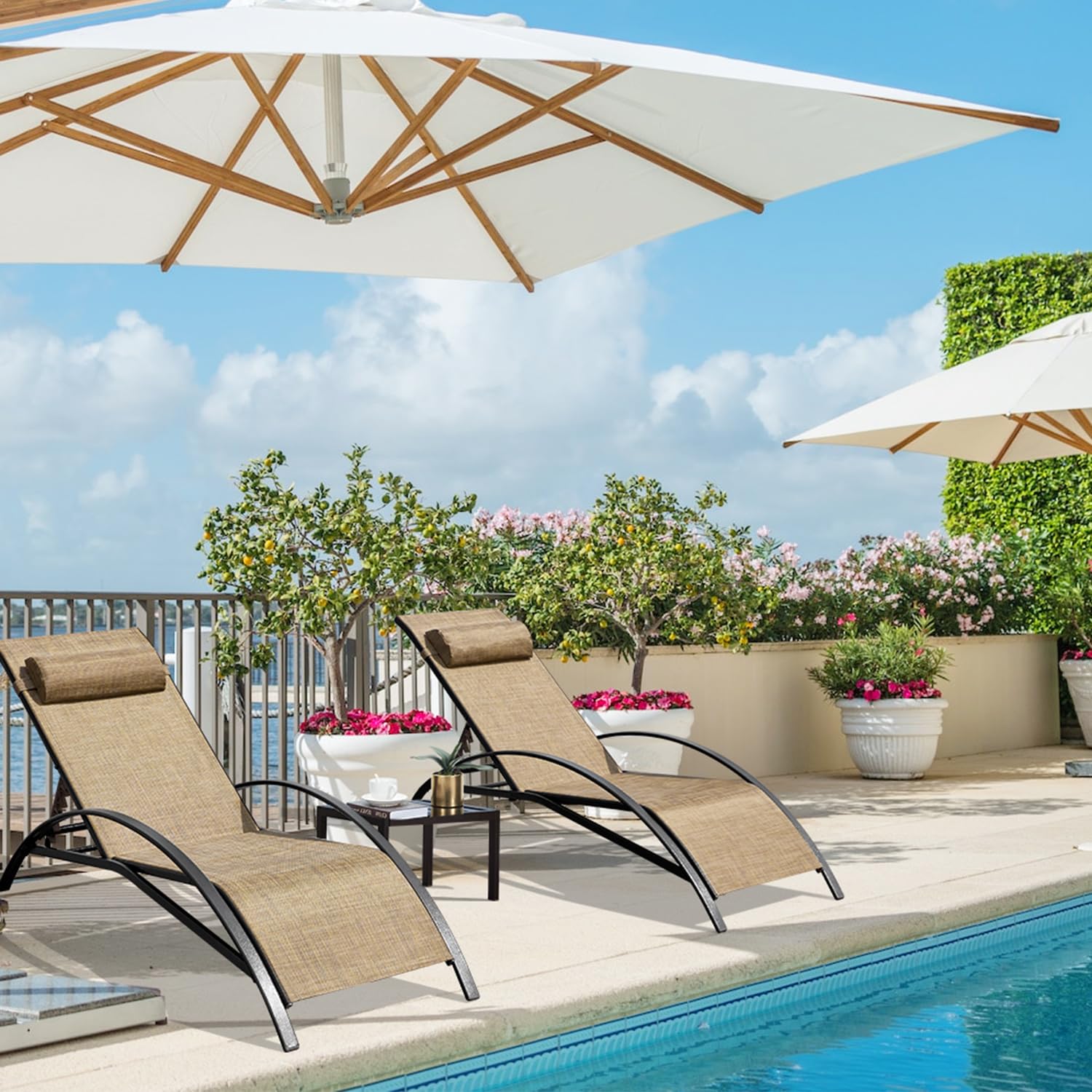 HOMREST 3 PCS Outdoor Lounge Chairs Set of 2 with Coffee Table, Brown