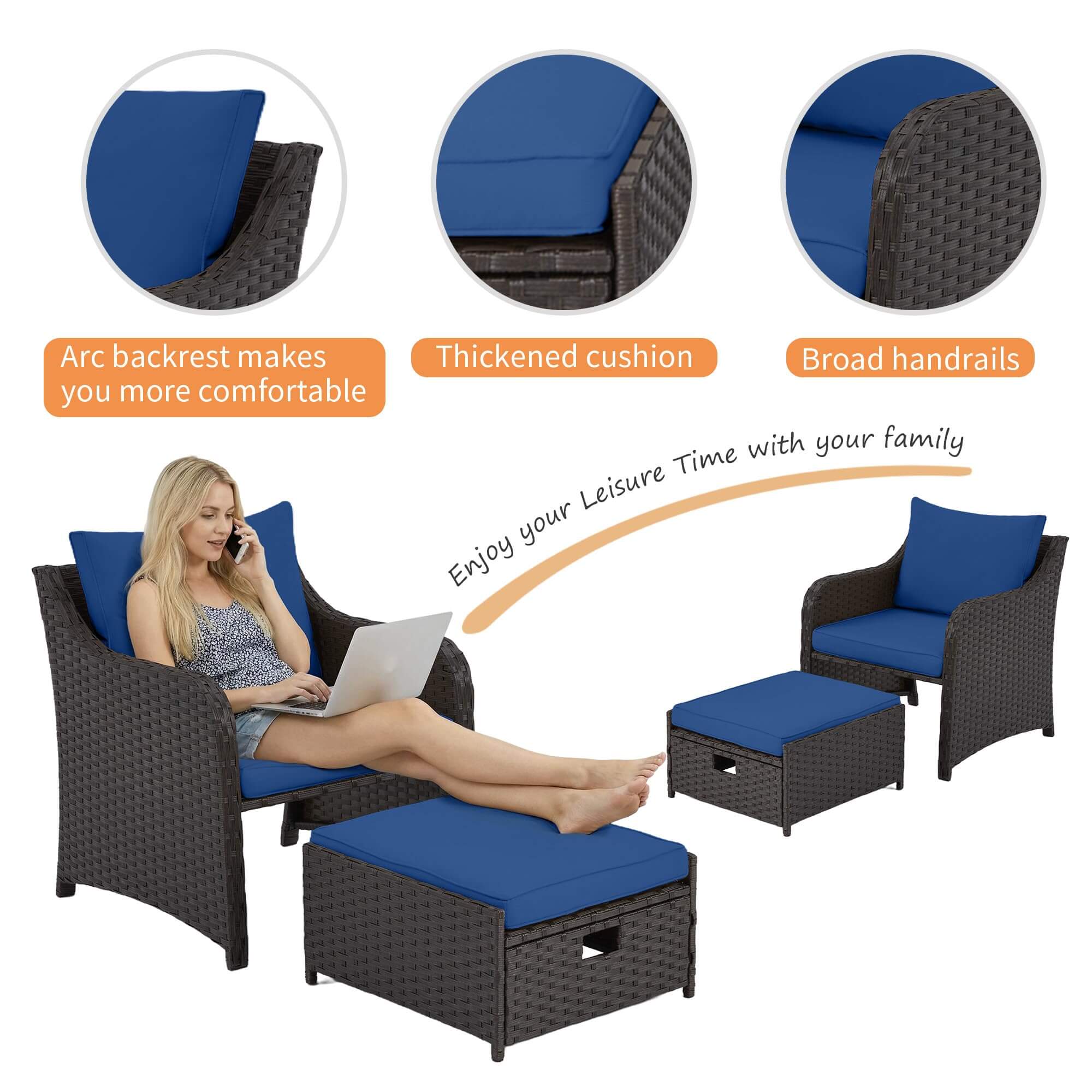 Homrest 5 Pcs Patio Wicker Chair Set with Ottomans and Coffee Table, Navy Blue