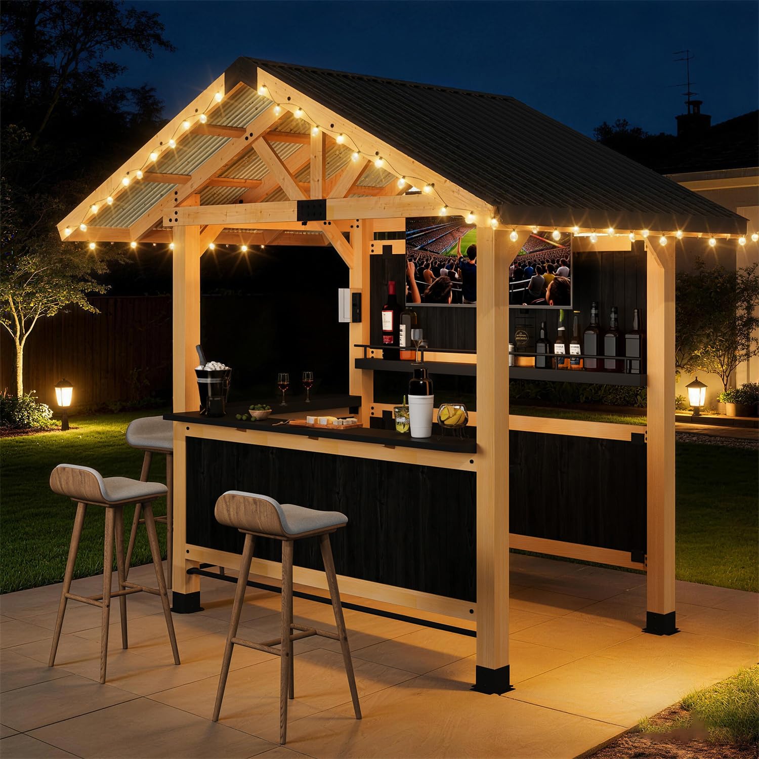 HOMREST 9.5' x 6.4' Outdoor Wooden Gazebo Bar Set with Galvanized Steel Roof, 3 Bar Tops, Power Strip & TV Hook, Weather-Resistant for Patio, Garden, Backyard