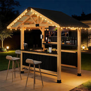HOMREST 9.5' x 6.4' Outdoor Wooden Gazebo Bar Set with Galvanized Steel Roof, 3 Bar Tops, Power Strip & TV Hook, Weather-Resistant for Patio, Garden, Backyard