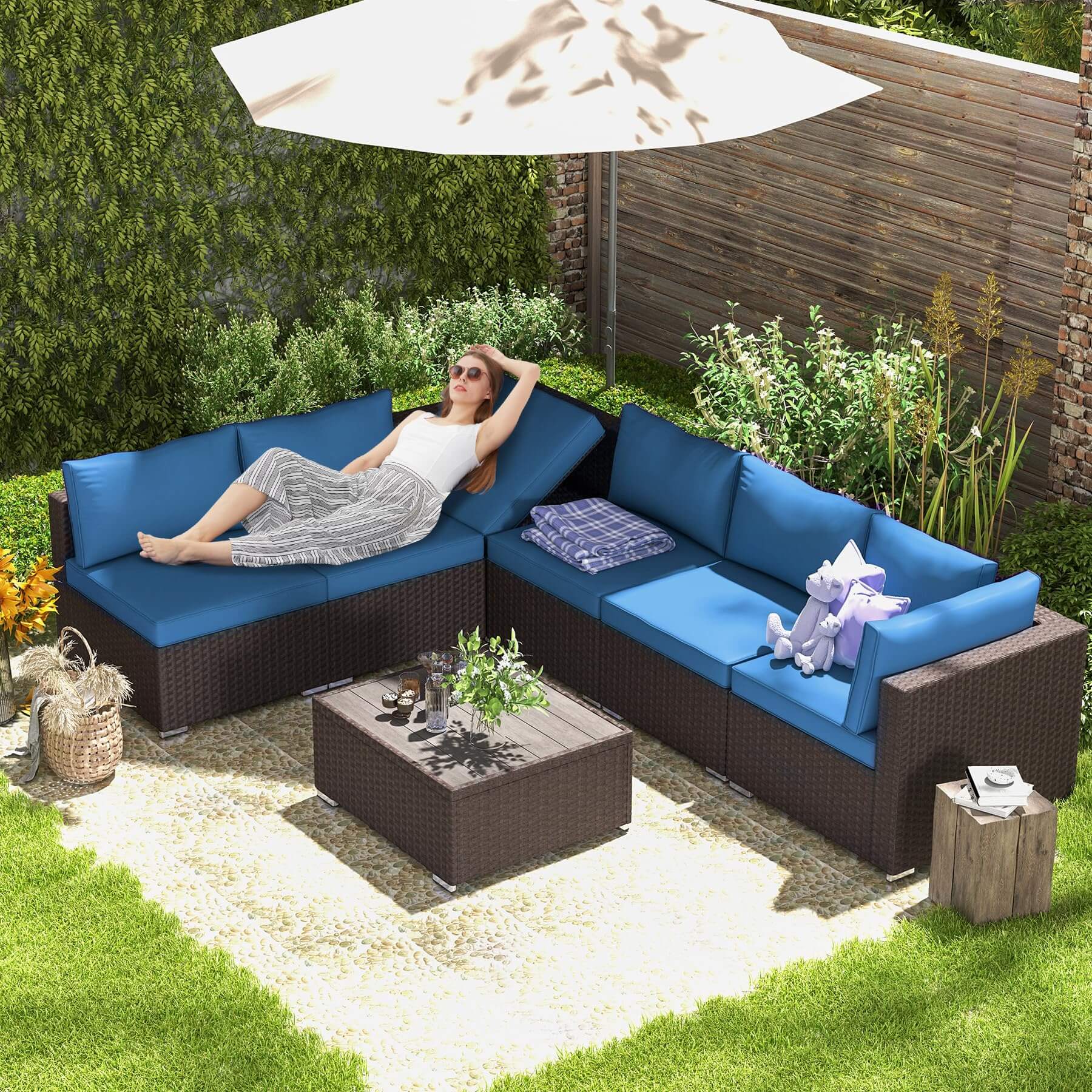  7 Pcs outdoor rattan sectional sofa with adjustable backrest, blue | Homrest furniture