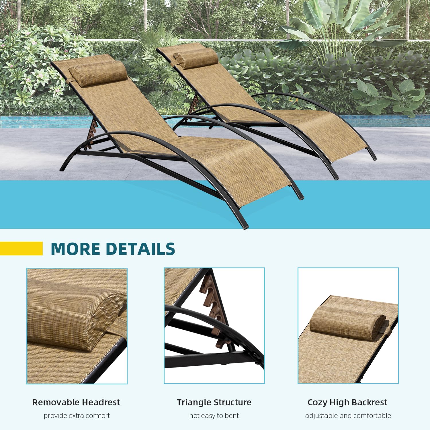 HOMREST Set of 2 Textilene Outdoor Lounge Chairs with Adjustable Backrest, Brown