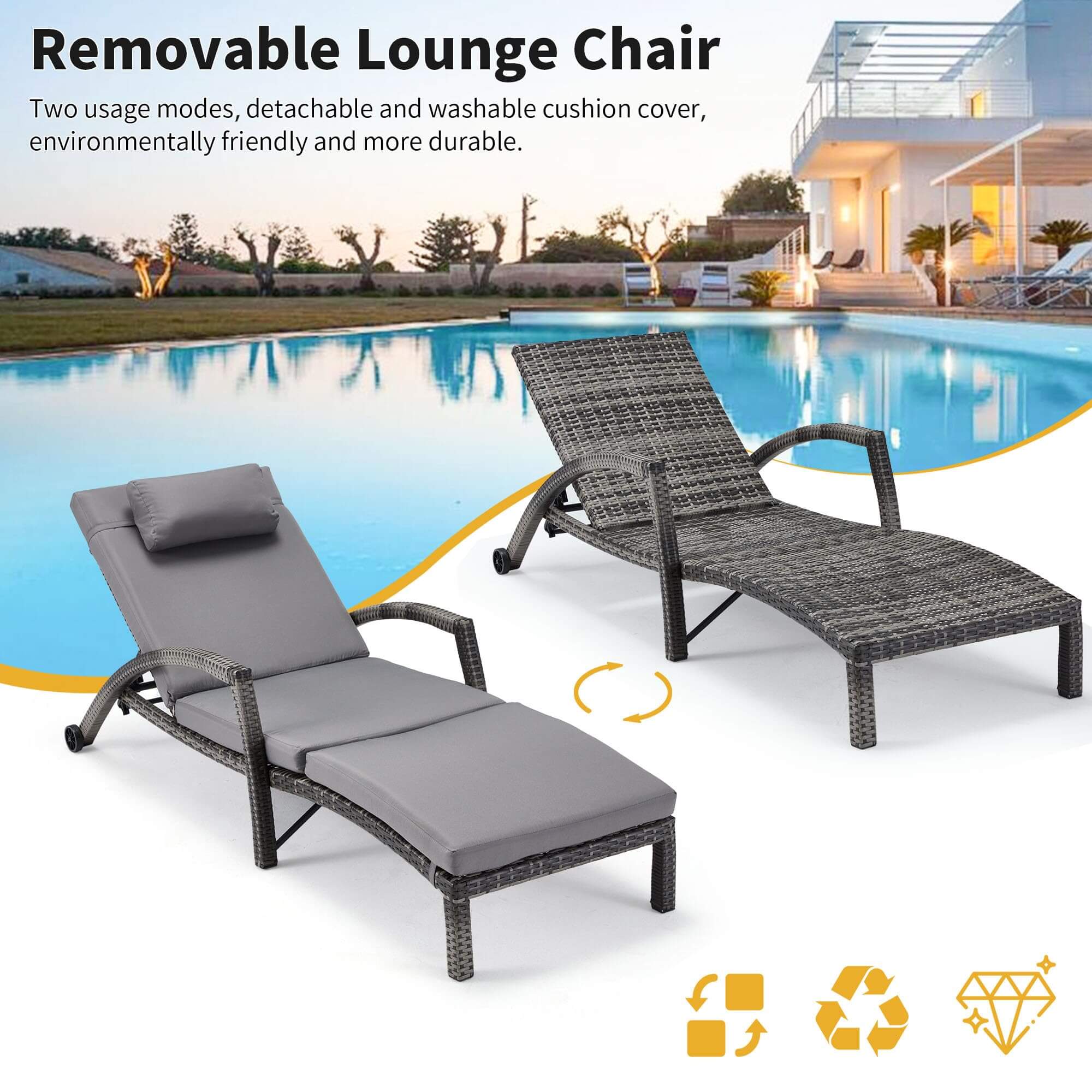 Homrest Patio Lounge Chair Set of 2 with Headpillow & Cushion, Gray