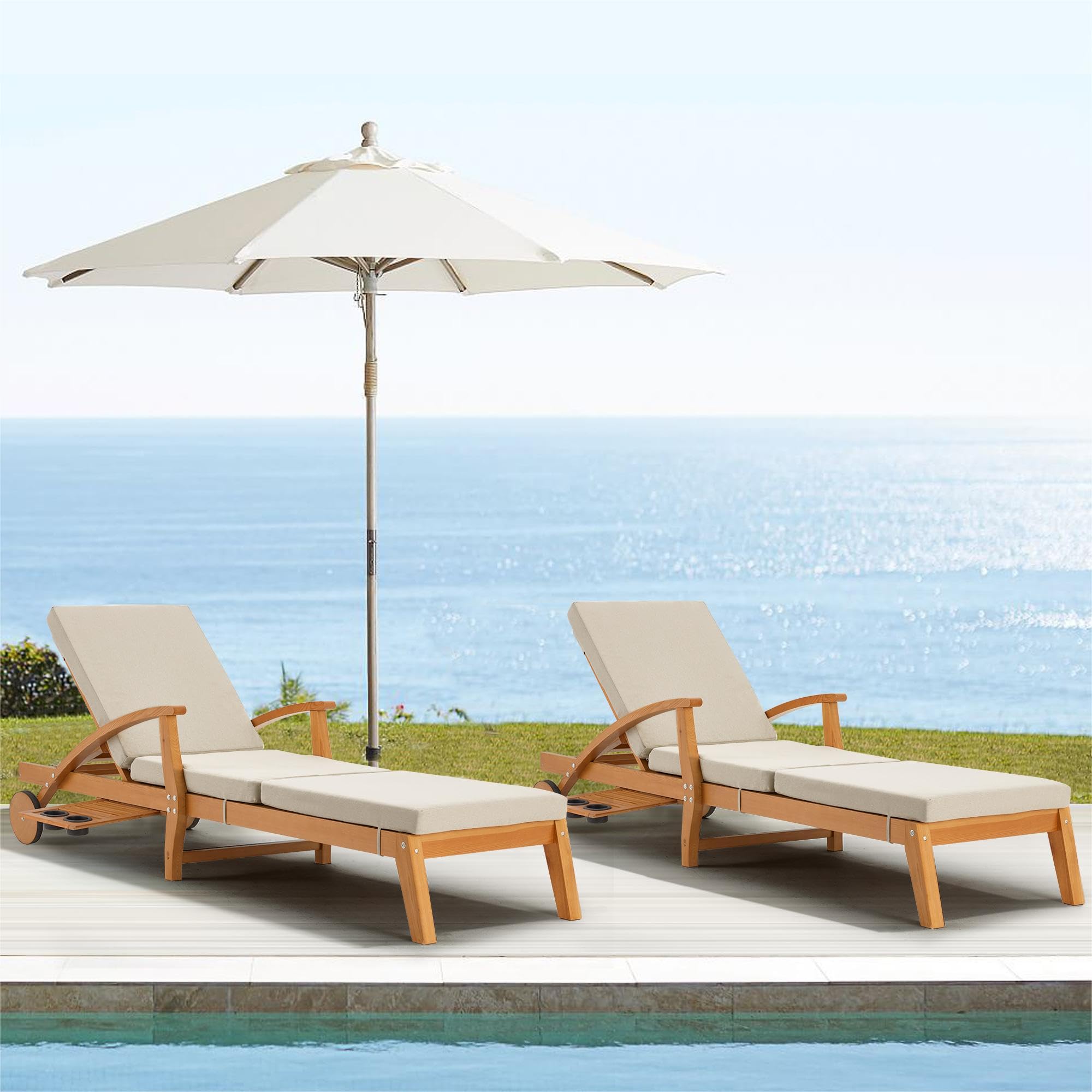 Outdoor Wood Chaise Lounge Chair Set of 2, with Slide-Out Tray, Adjustable Backrest, Moving Wheels and Breathable Fabric