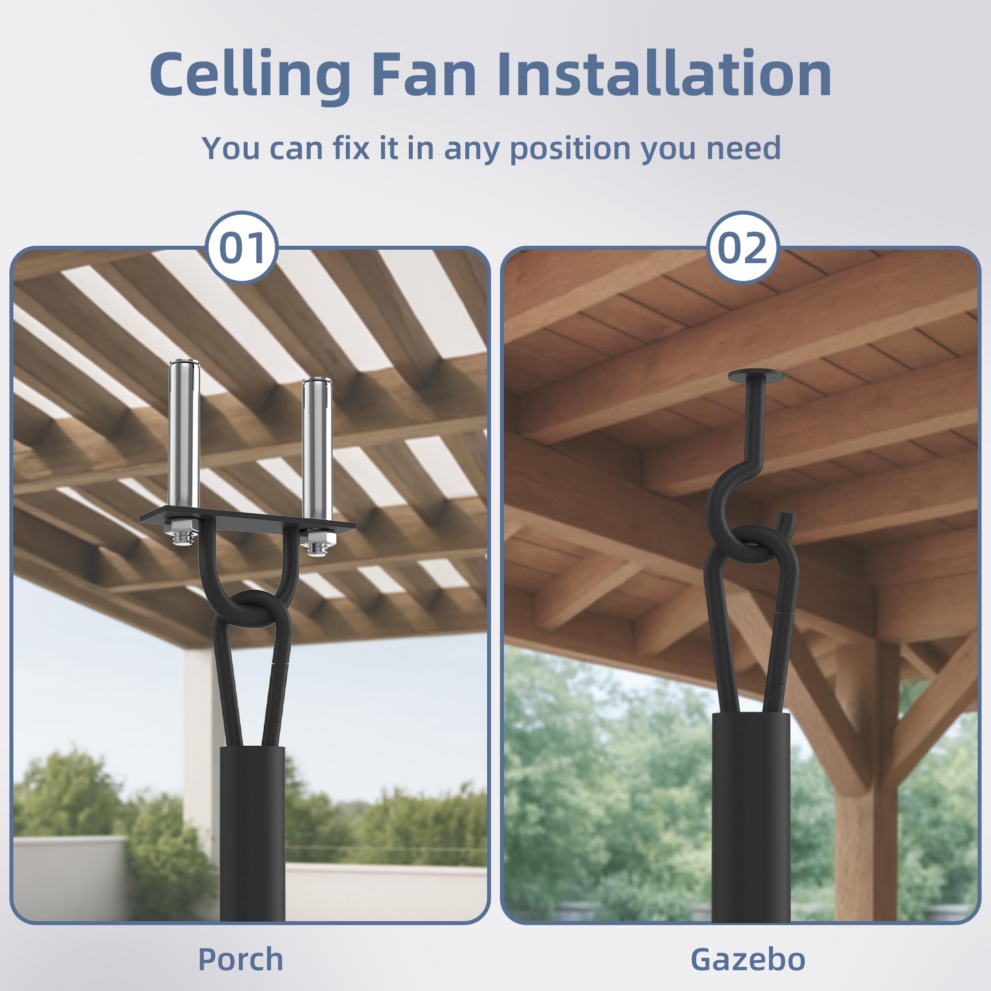 HOMREST 20" Outdoor Ceiling Fan with Light，IP65 Waterproof Plug in Ceiling Fan with Remote and 2 Downrods, Gazebo Caged Hanging Fan with 3 Color LED Light for Porch, Pergola, Canopy, Brown
