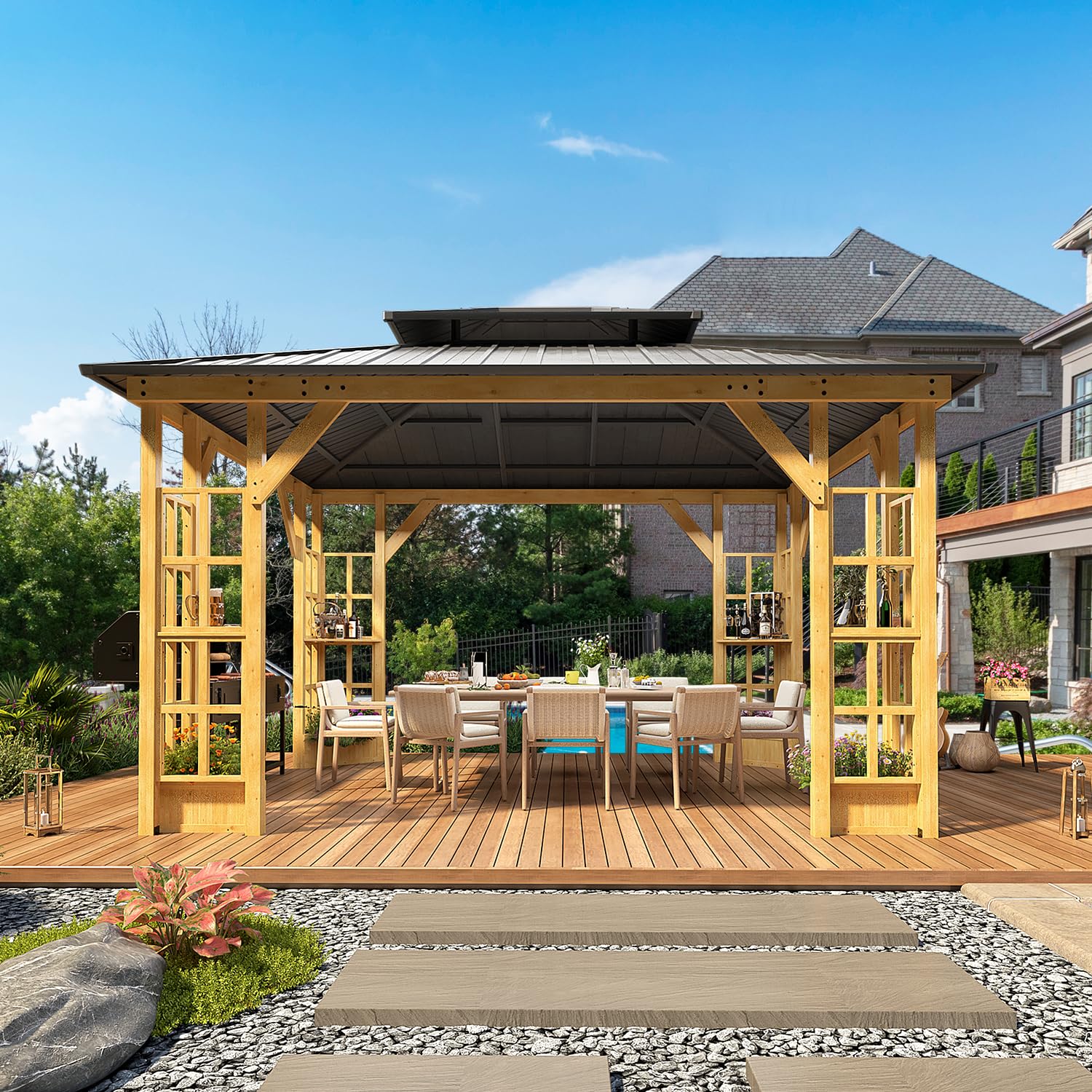Homrest 11' x 13' Wood Gazebo, Outdoor Hardtop Gazebo Pavilion with Spruce Solid Wooden Frame, Double Roof Metal Canopy for Patio Backyard Deck Garden