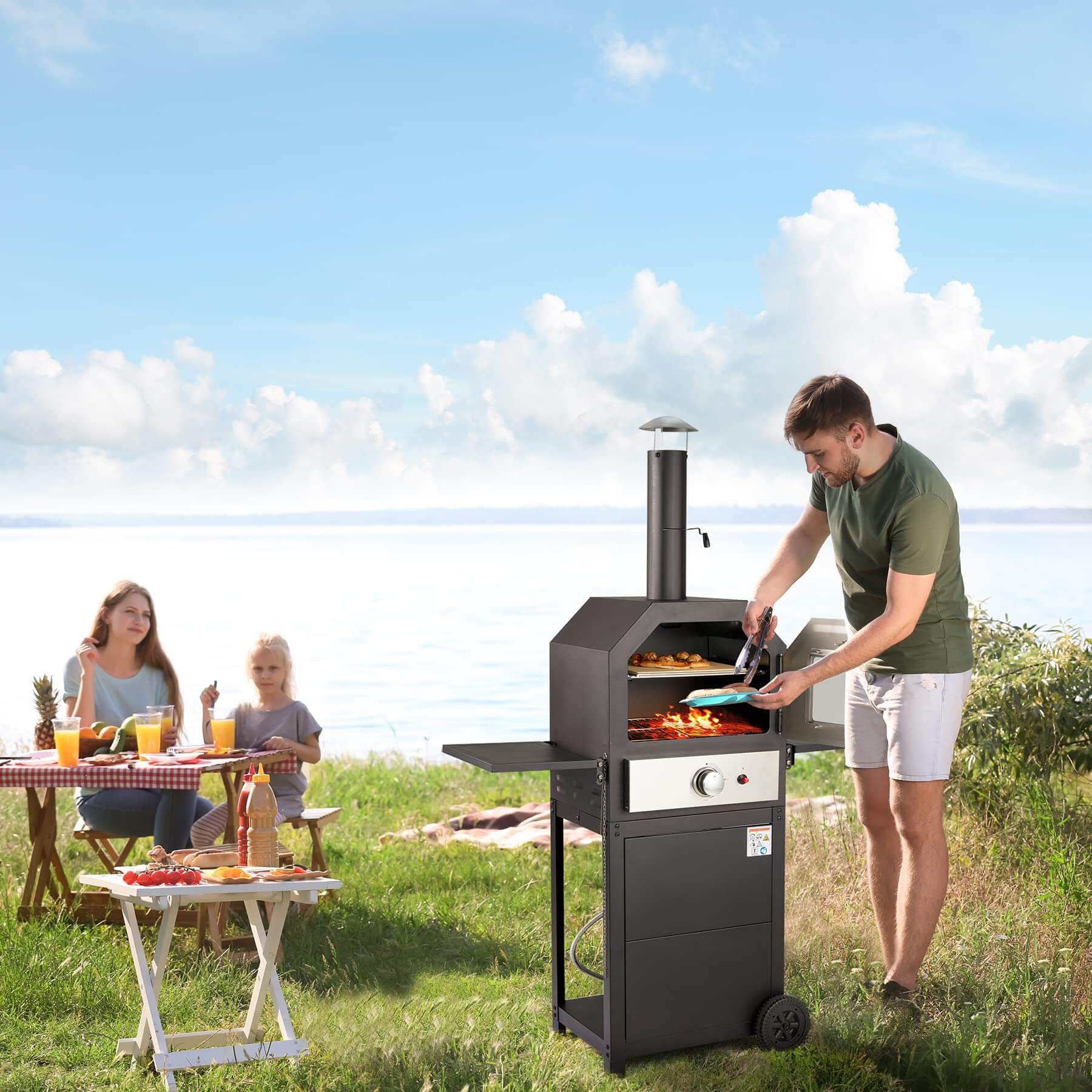 HOMREST Freestanding Outdoor 12" Gas Pizza Oven, CSA Approved Portable Propane Pizza Oven with 2 Foldable Shelves, Wheels and Cover