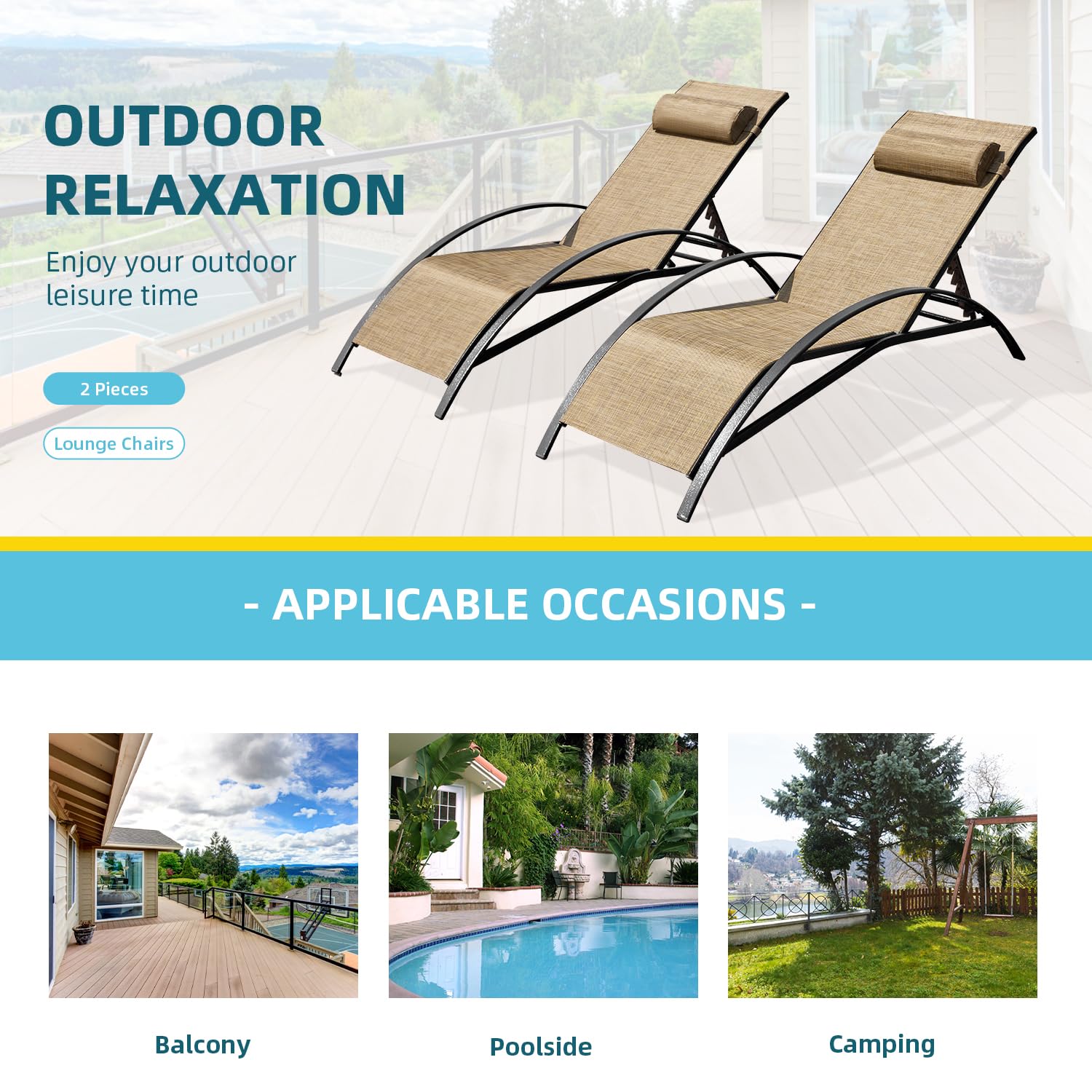 HOMREST Set of 2 Textilene Outdoor Lounge Chairs with Adjustable Backrest, Brown