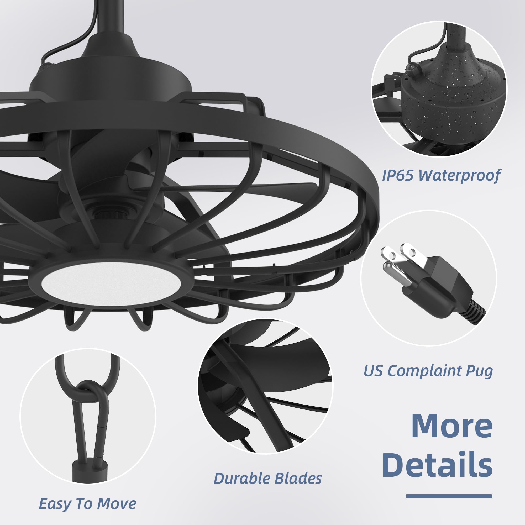 HOMREST 20" Outdoor Ceiling Fan with Light，IP65 Waterproof Plug in Ceiling Fan with Remote and 2 Downrods, Gazebo Caged Hanging Fan with 3 Color LED Light for Porch, Pergola, Canopy, Black
