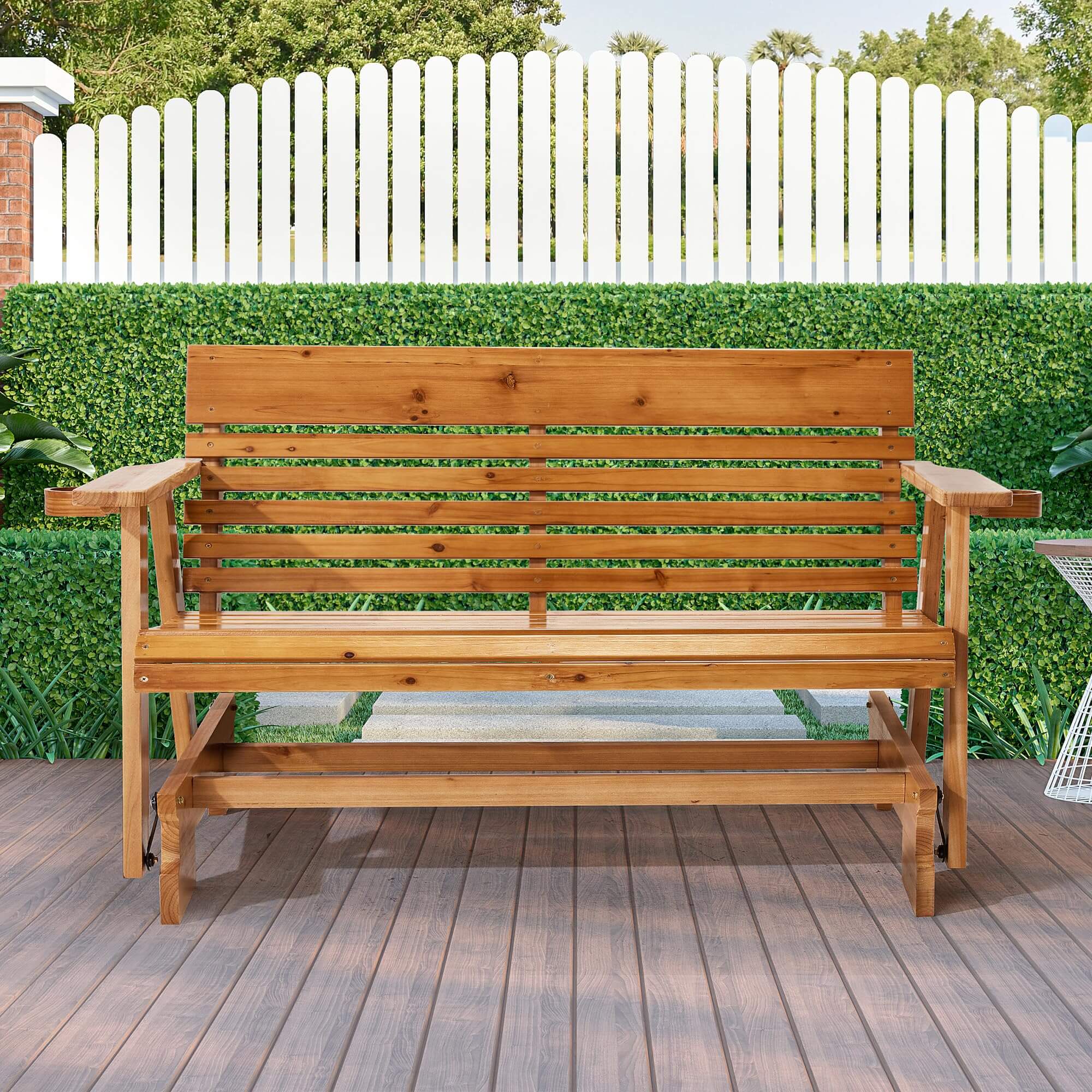 Homrest Wooden Patio Glider Bench with Cup Holders Heavy Duty 900lbs