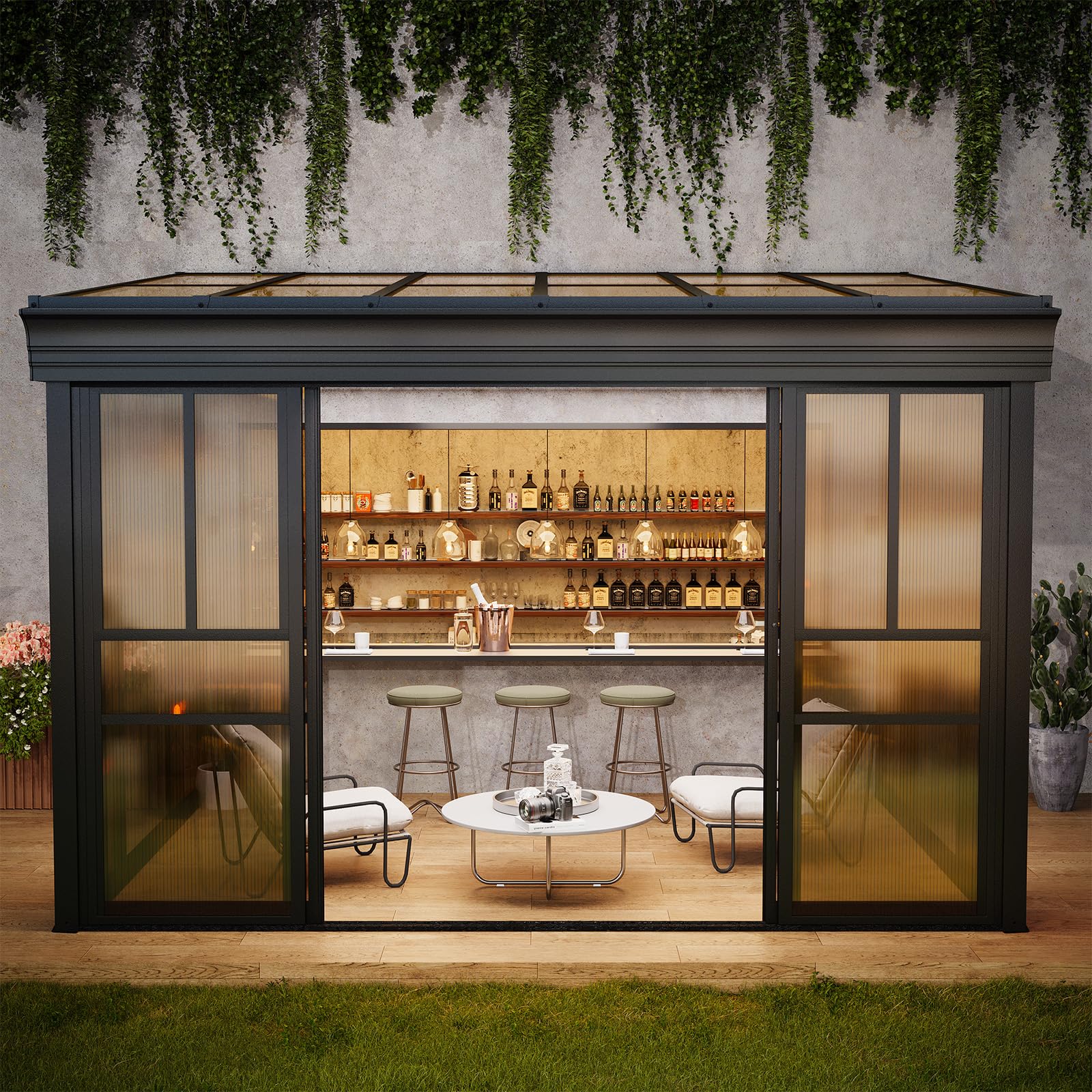 HOMREST 8x12 Lean-to Sunroom Gazebo, Enclosed Patio Shelter with Sliding Doors, Polycarbonate Roof and Gray-Tinted Panels, Aluminum Frame for Backyard
