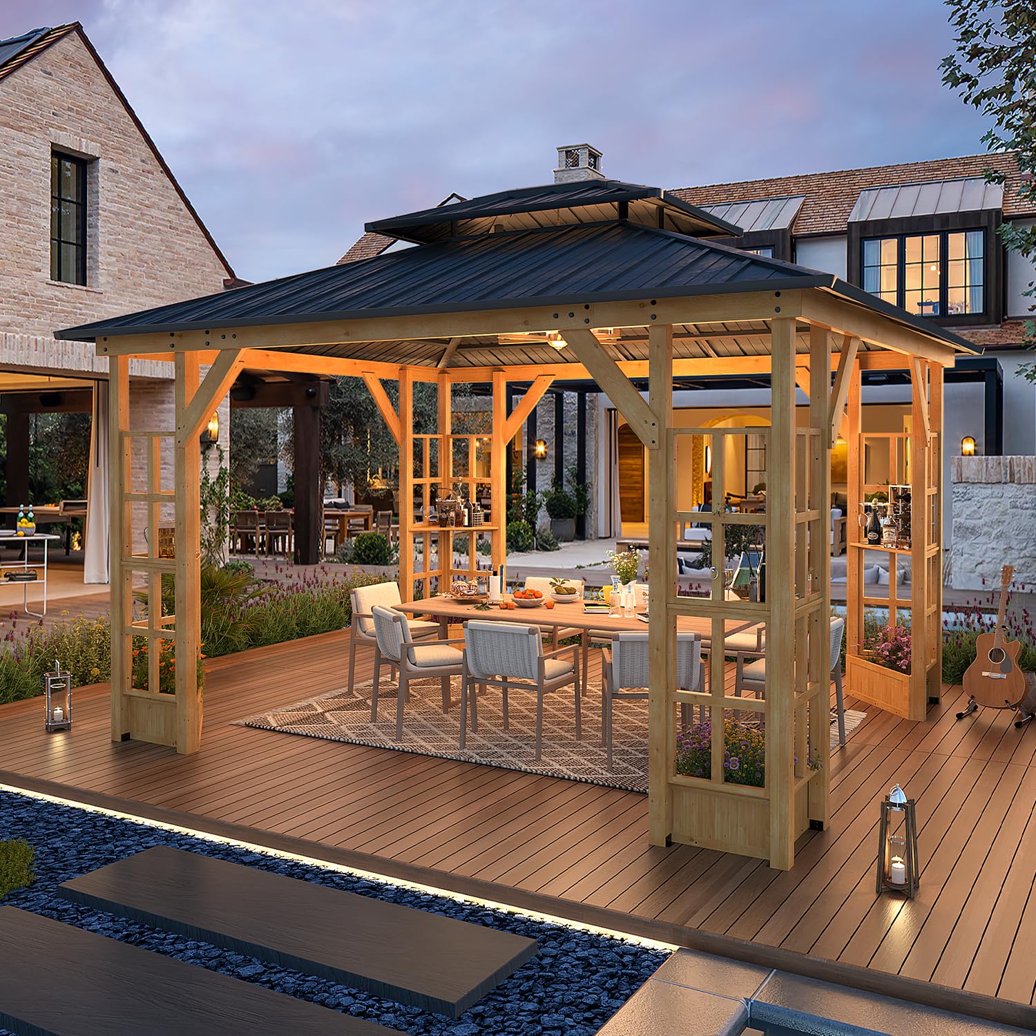 Homrest 11' x 13' Wood Gazebo, Outdoor Hardtop Gazebo Pavilion with Spruce Solid Wooden Frame, Double Roof Metal Canopy for Patio Backyard Deck Garden