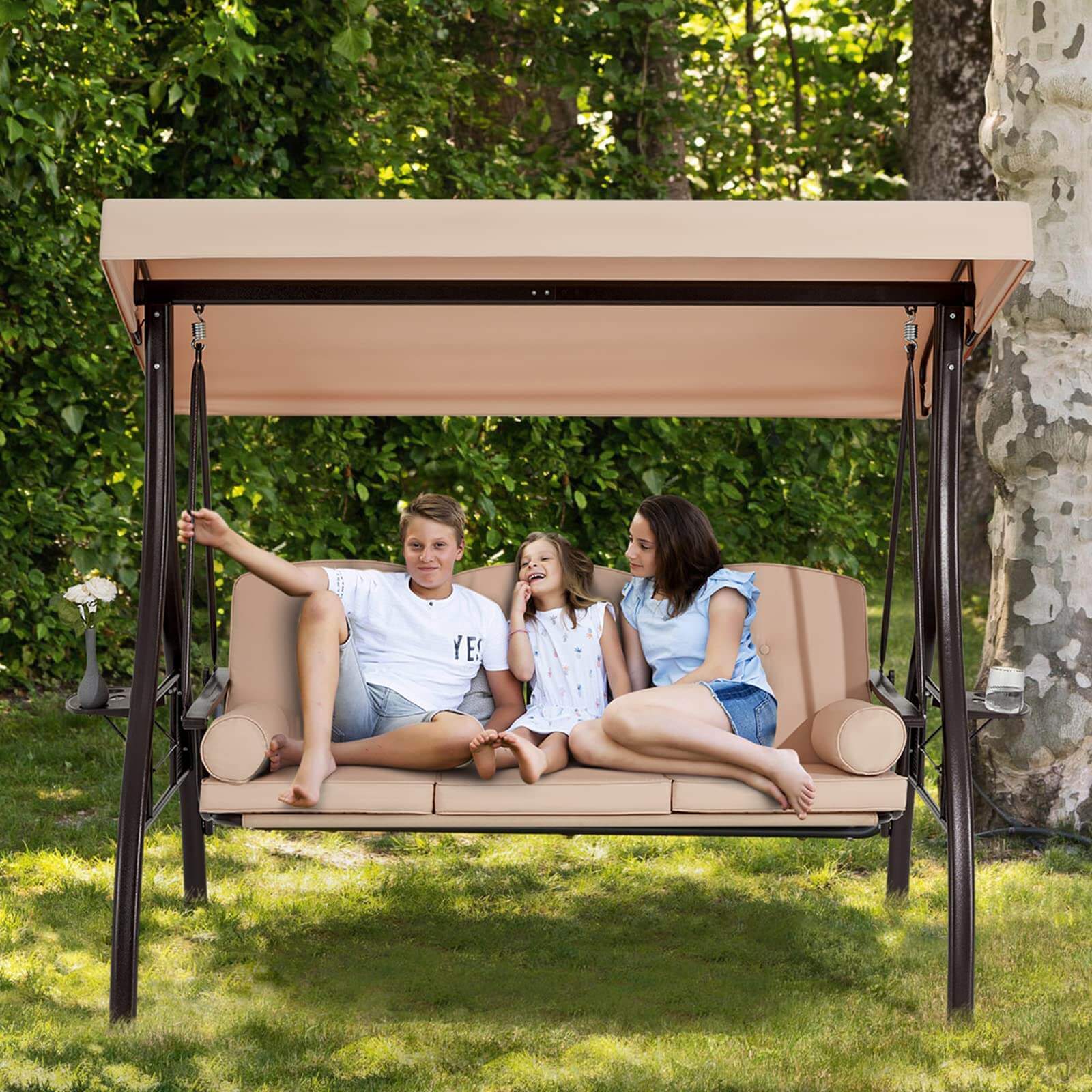 Homrest 3-Seat Outdoor Porch Swing with Adjustable Canopy and Backrest, Khaki
