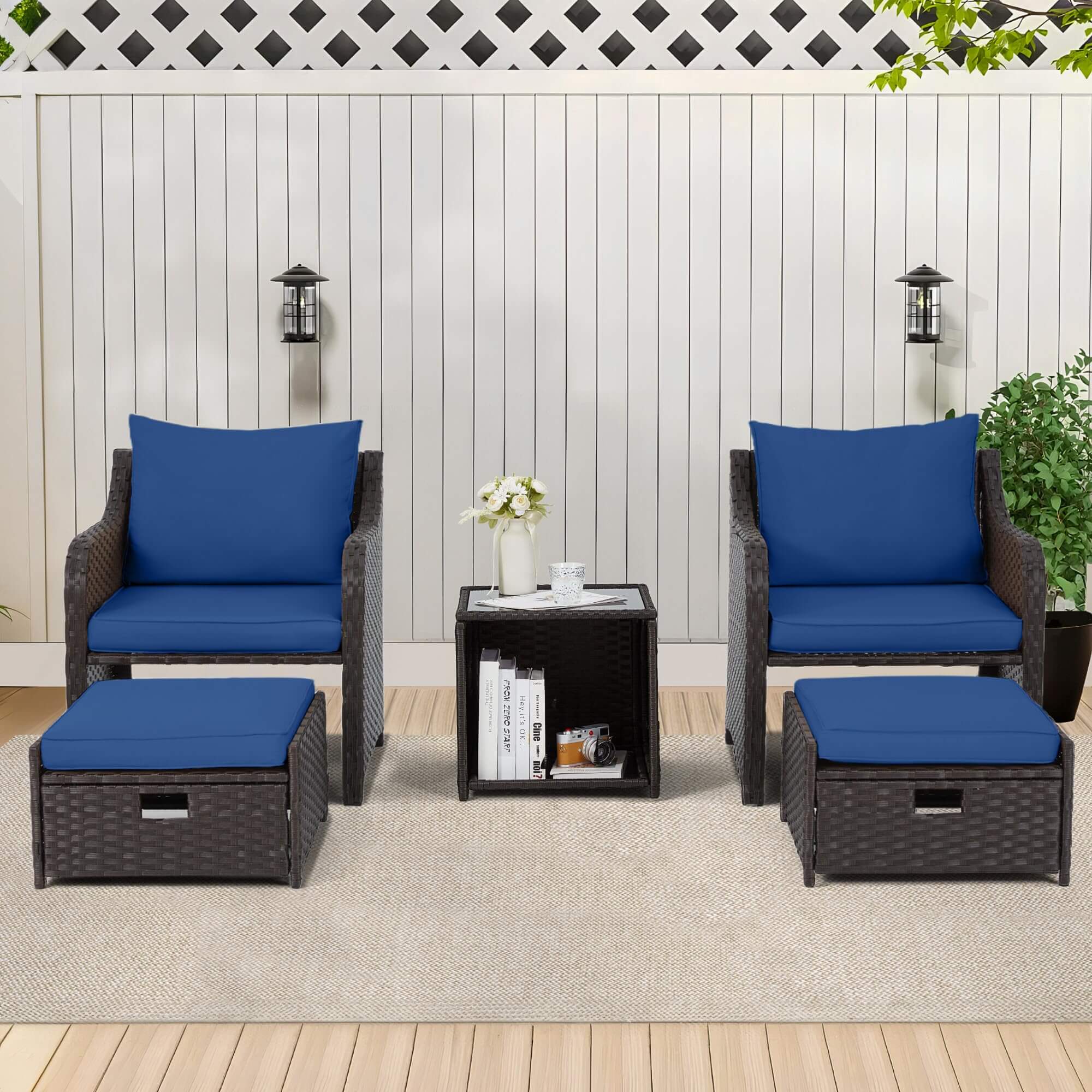 Homrest 5 Pcs Patio Wicker Chair Set with Ottomans and Coffee Table, Navy Blue