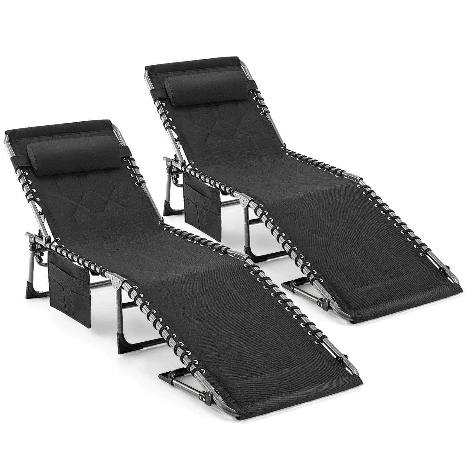 Patio Folding Chaise Lounge Chair Set of 2, Portable Outdoor Chair with Detachable Pocket and Pillow（Black）