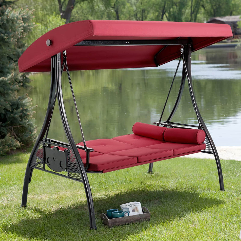 3-Seat Outdoor Porch Swing with Adjustable Canopy Backrest and 2 Side Trays, Wine Red