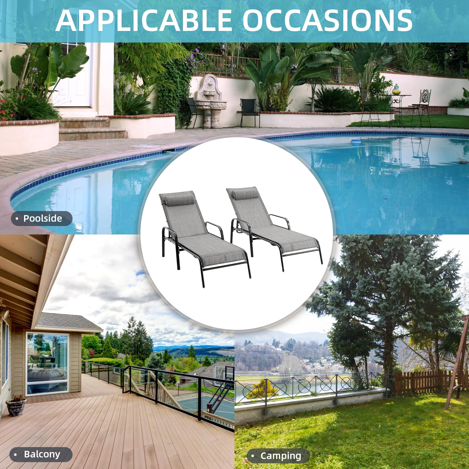 HOMREST Patio Chaise Lounges Set of 2 with Adjustable Backrest, Gray
