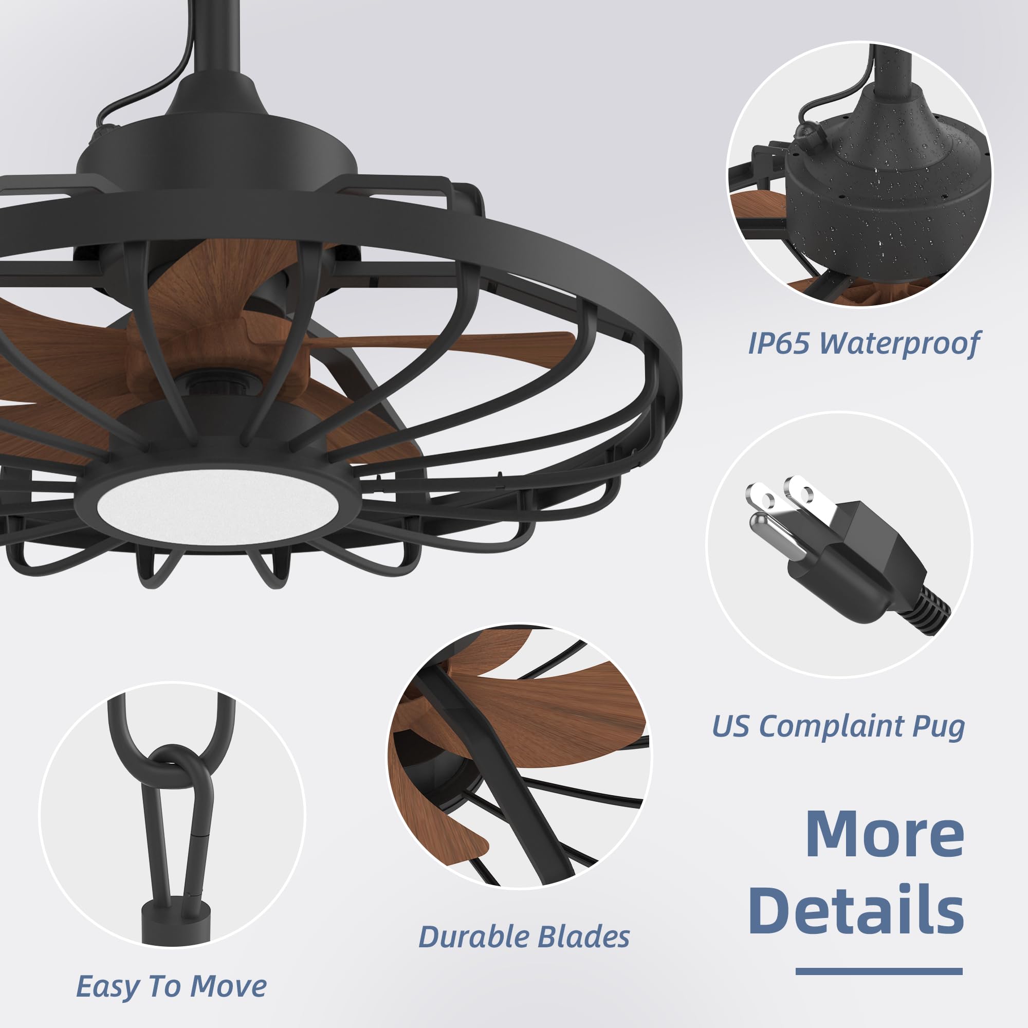 HOMREST 20" Outdoor Ceiling Fan with Light，IP65 Waterproof Plug in Ceiling Fan with Remote and 2 Downrods, Gazebo Caged Hanging Fan with 3 Color LED Light for Porch, Pergola, Canopy, Brown