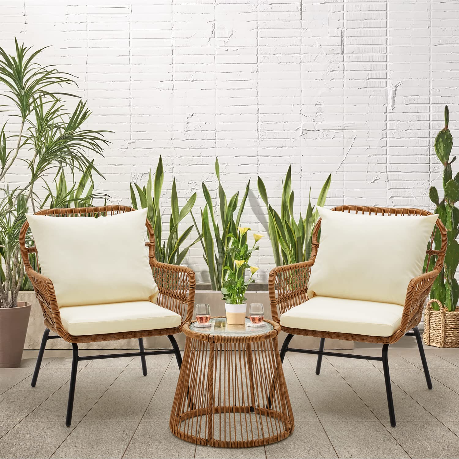 HOMREST 3-Piece Outdoor Wicker Bistro Set with Glass Top