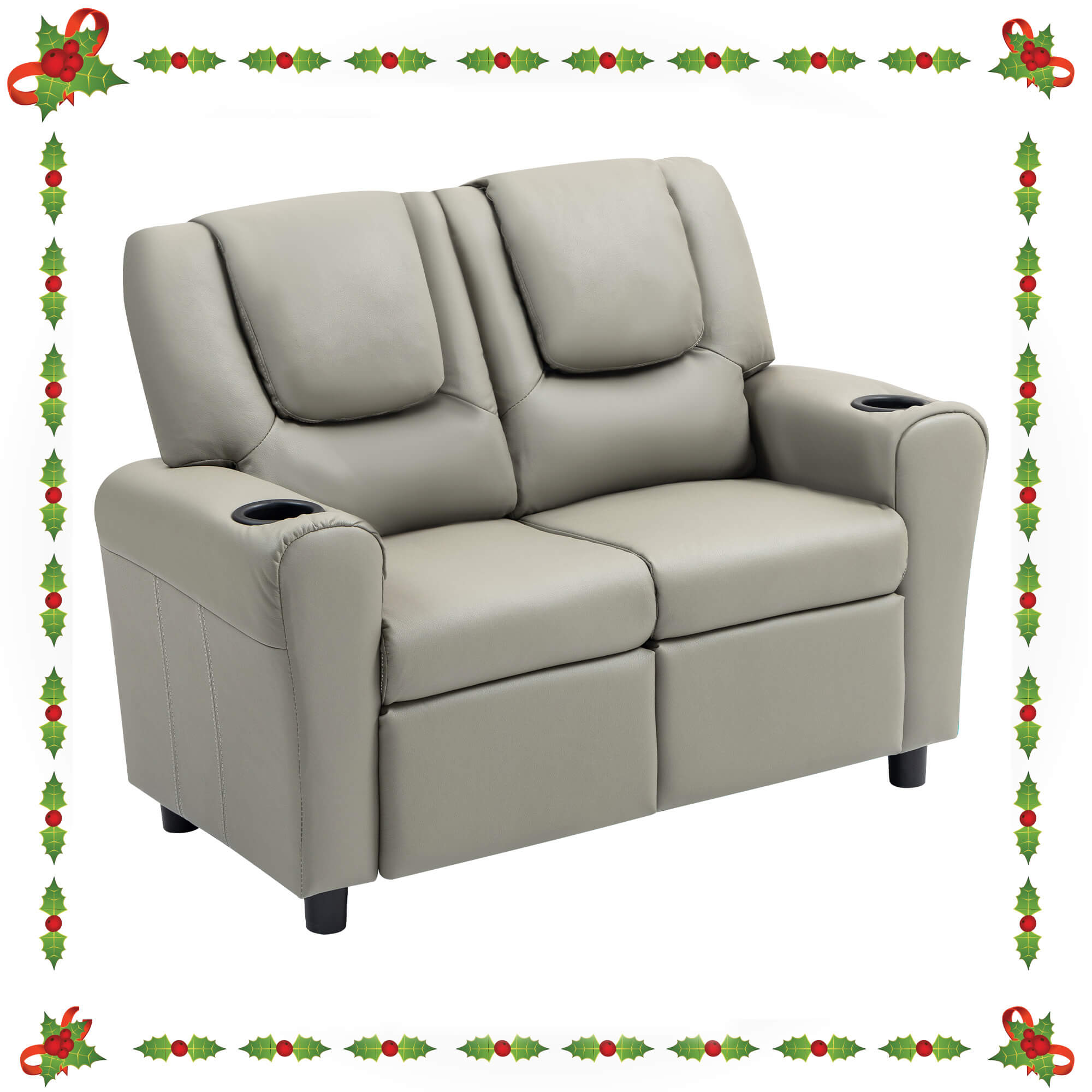 HOMREST Kids Recliner Chair, Double Kids Sofa Chair w/Cup Holder PU Leather, Toddler Loveseat Couch w/Adjustable Footrest & Headres for Boys Girls 3+ Age Group, Grey