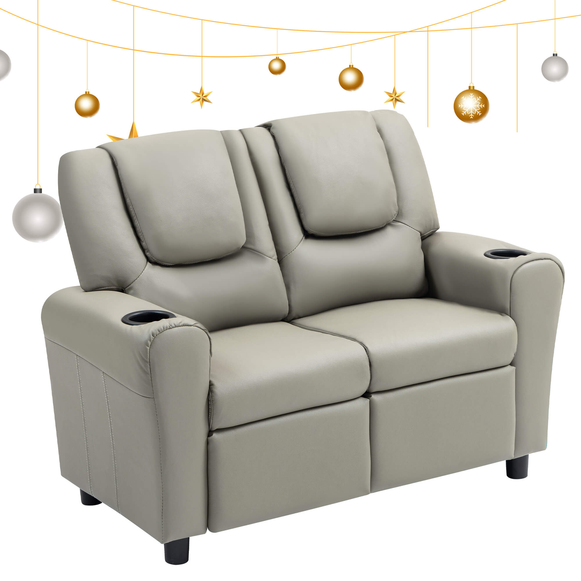 HOMREST Kids Recliner Chair, Double Kids Sofa Chair w/Cup Holder PU Leather, Toddler Loveseat Couch w/Adjustable Footrest & Headres for Boys Girls 3+ Age Group, Grey