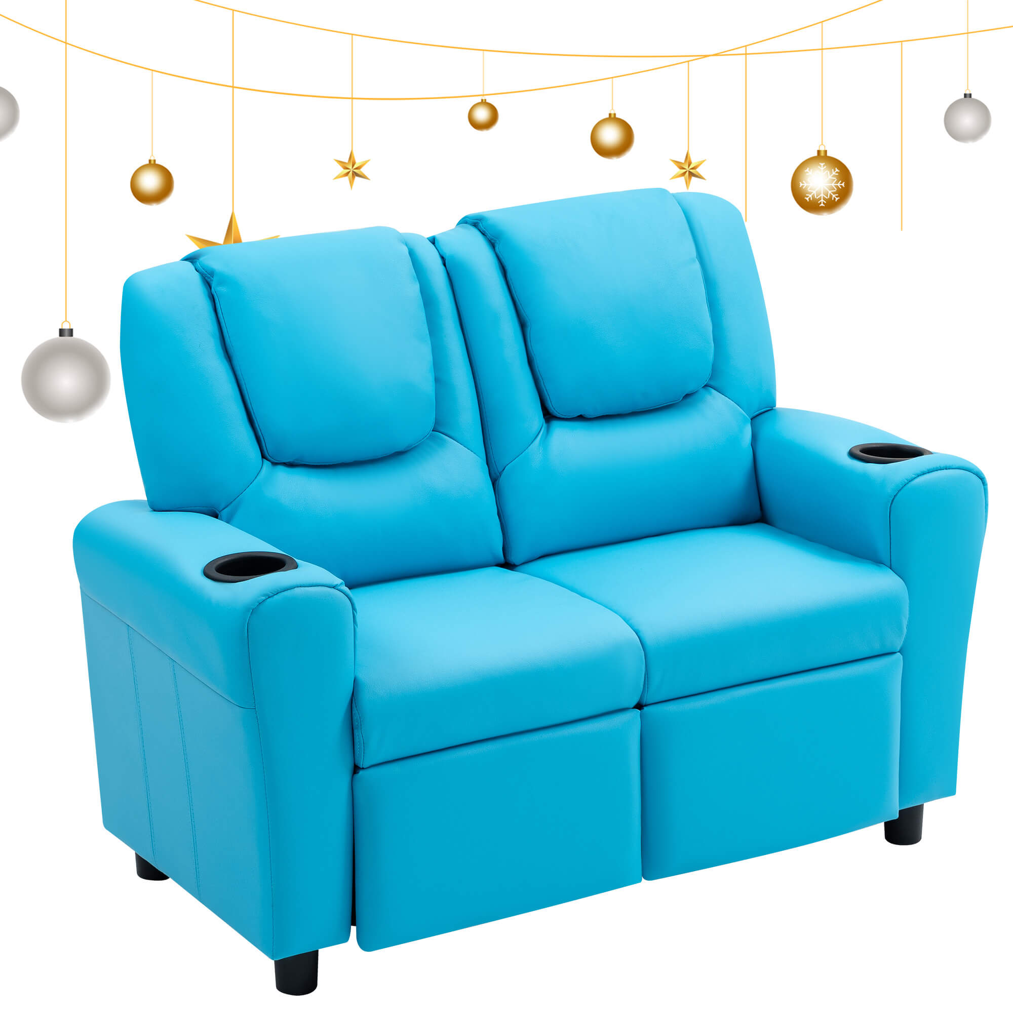 HOMREST Kids Recliner Chair, Double Kids Sofa Chair w/Cup Holder PU Leather, Toddler Loveseat Couch w/Adjustable Footrest & Headres for Boys Girls 3+ Age Group, Blue