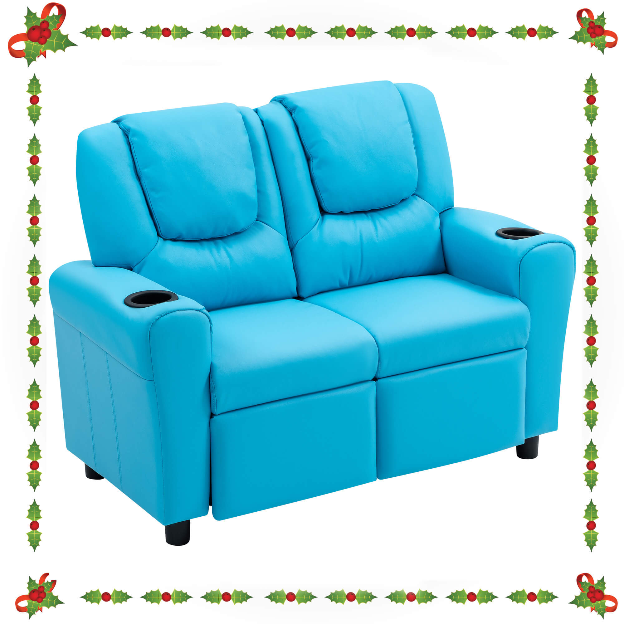 HOMREST Kids Recliner Chair, Double Kids Sofa Chair w/Cup Holder PU Leather, Toddler Loveseat Couch w/Adjustable Footrest & Headres for Boys Girls 3+ Age Group, Blue
