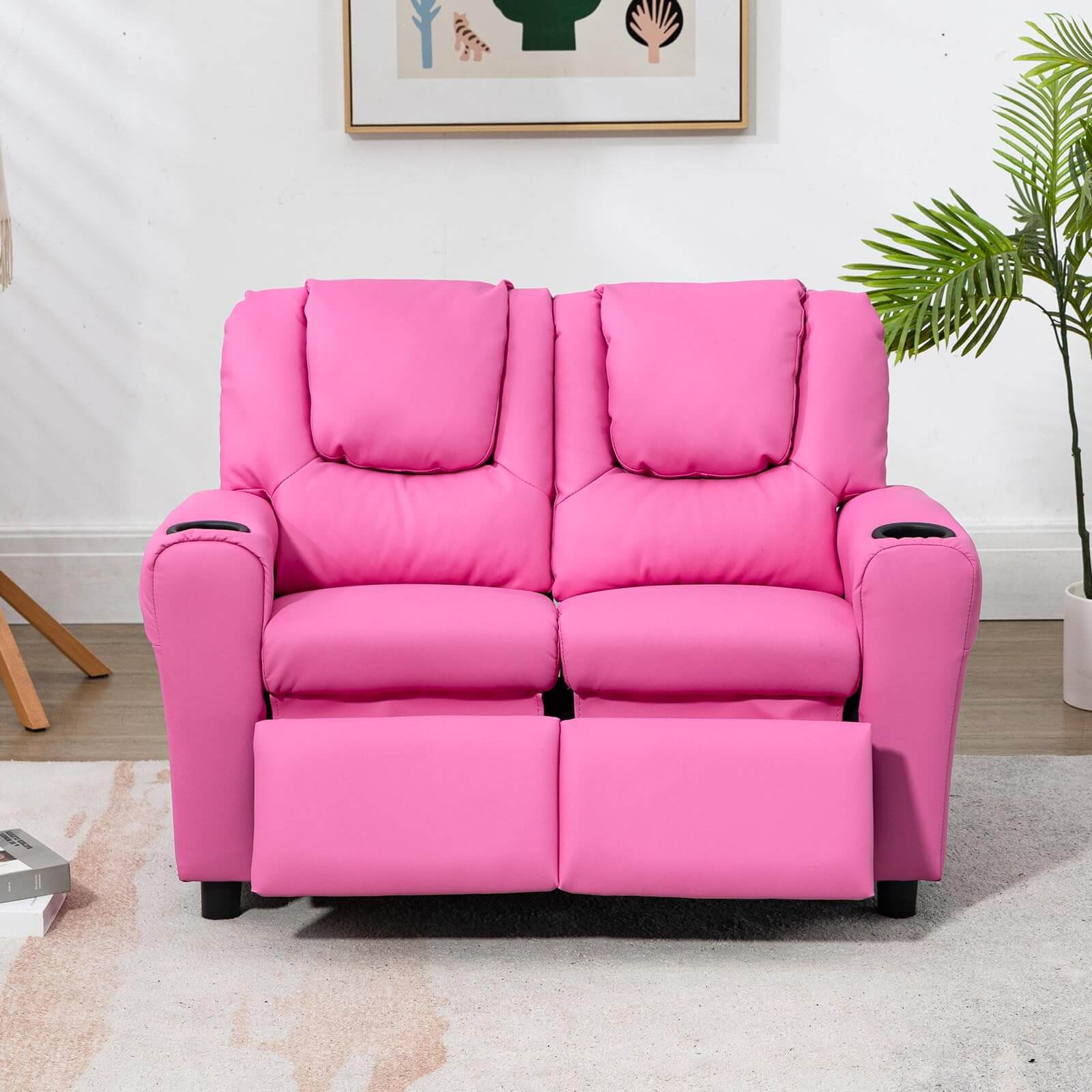 HOMREST Kids Recliner Chair, Double Kids Sofa Chair w/Cup Holder PU Leather, Toddler Loveseat Couch w/Adjustable Footrest & Headres for Boys Girls 3+ Age Group, Pink