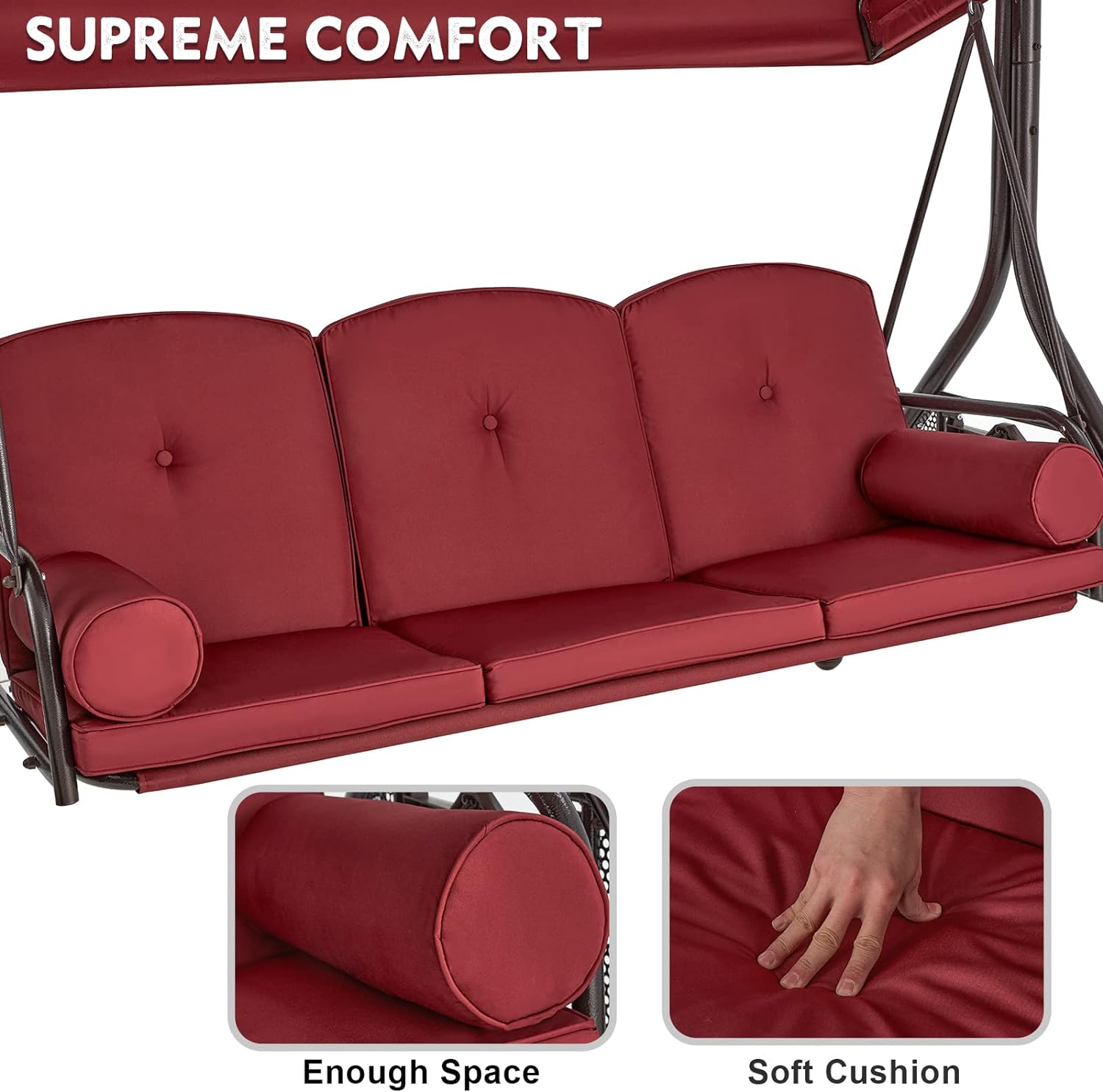 3-Seat Porch Swing with Adjustable Canopy and Backrest, Wine Red