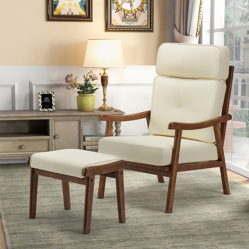 HOMREST High Back Accent Chair with Ottoman, Mid Century Modern Accent Chair with Upholstered Leather, Living Room Armchair with Versatile Headrest for Bedroom, Corner, Reading Nook(Beige)