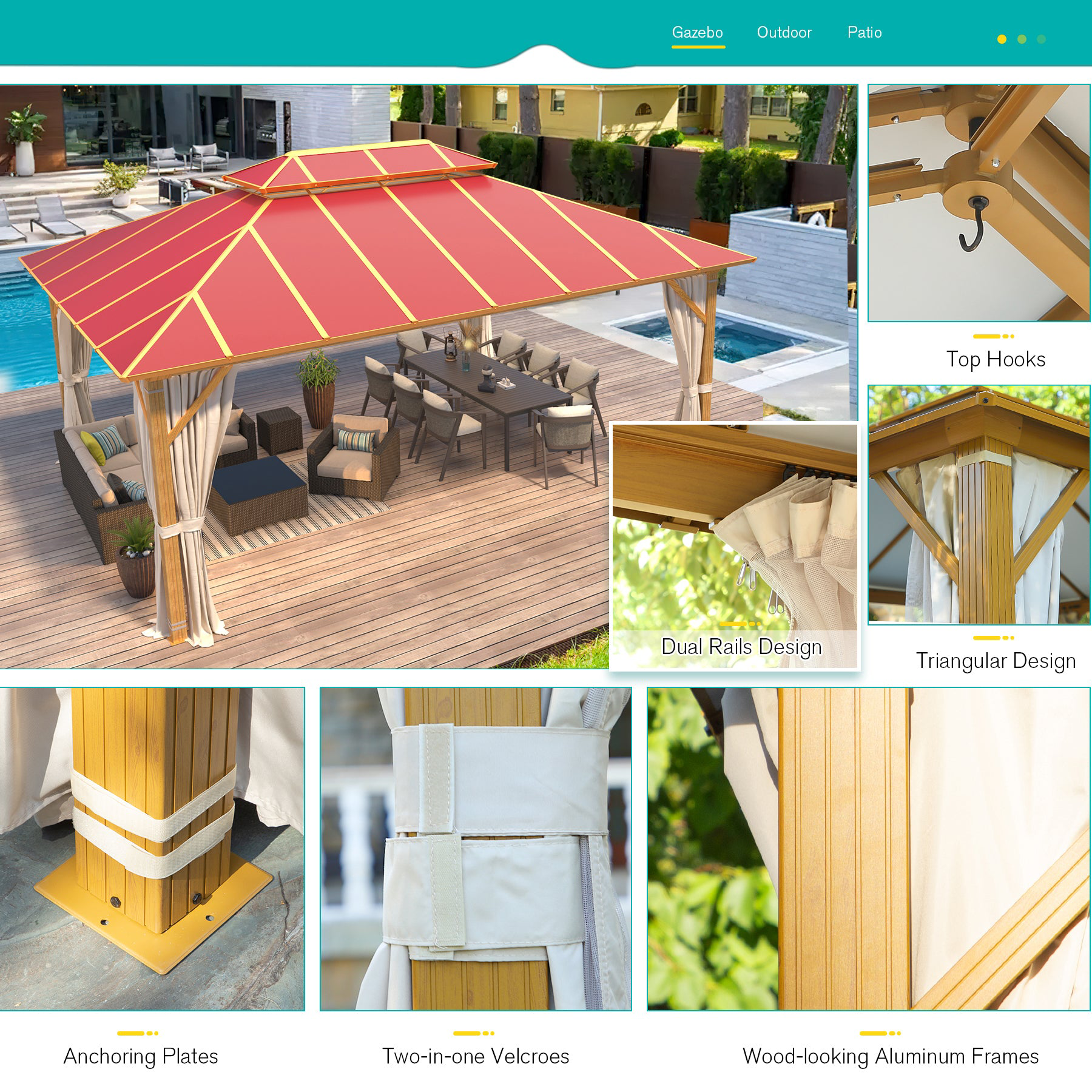 Homrest 12X16 Gazebo, Outdoor Wood Grain Hardtop Gazebos