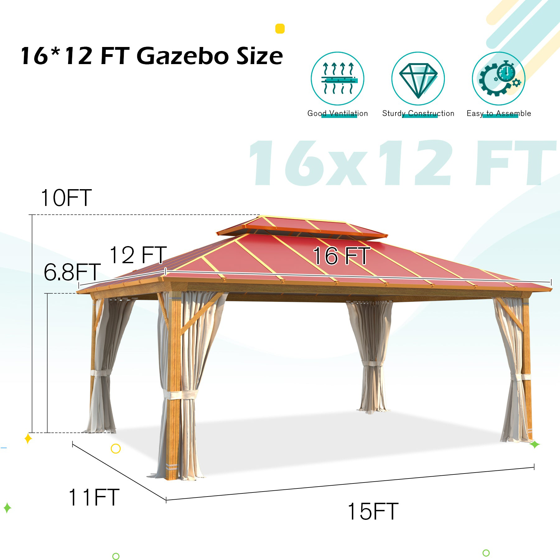 Homrest 12X16 Gazebo, Outdoor Wood Grain Hardtop Gazebos