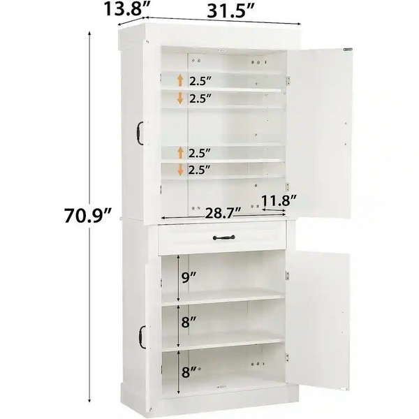 HOMREST 71 inch Freestanding Kitchen Pantry Cabinet, Tall Storage Cabinet with Drawer and Adjustable Shelves, 2-Door Floor Cupboard, White