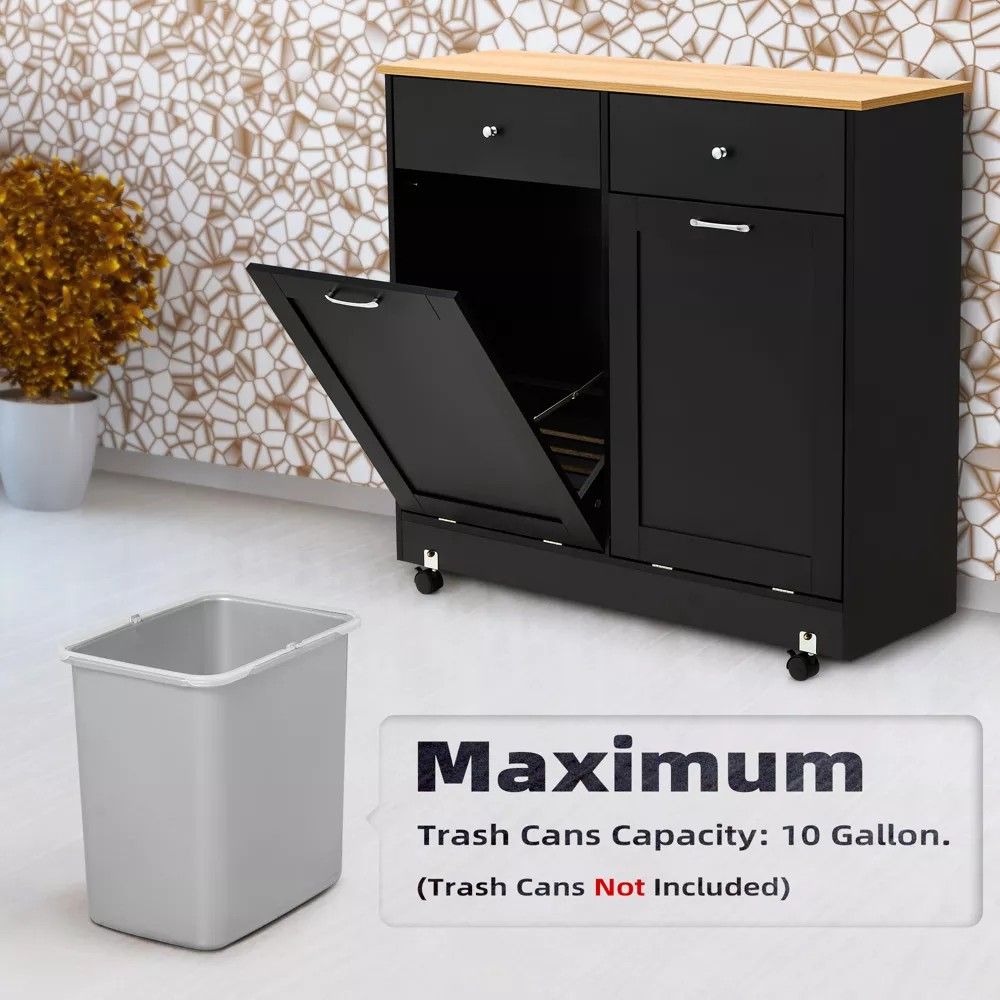 HOMREST Double Tilt Trash Cabinet with 2 Drawers, Trash Cabinet with Storage on Wheels, Black