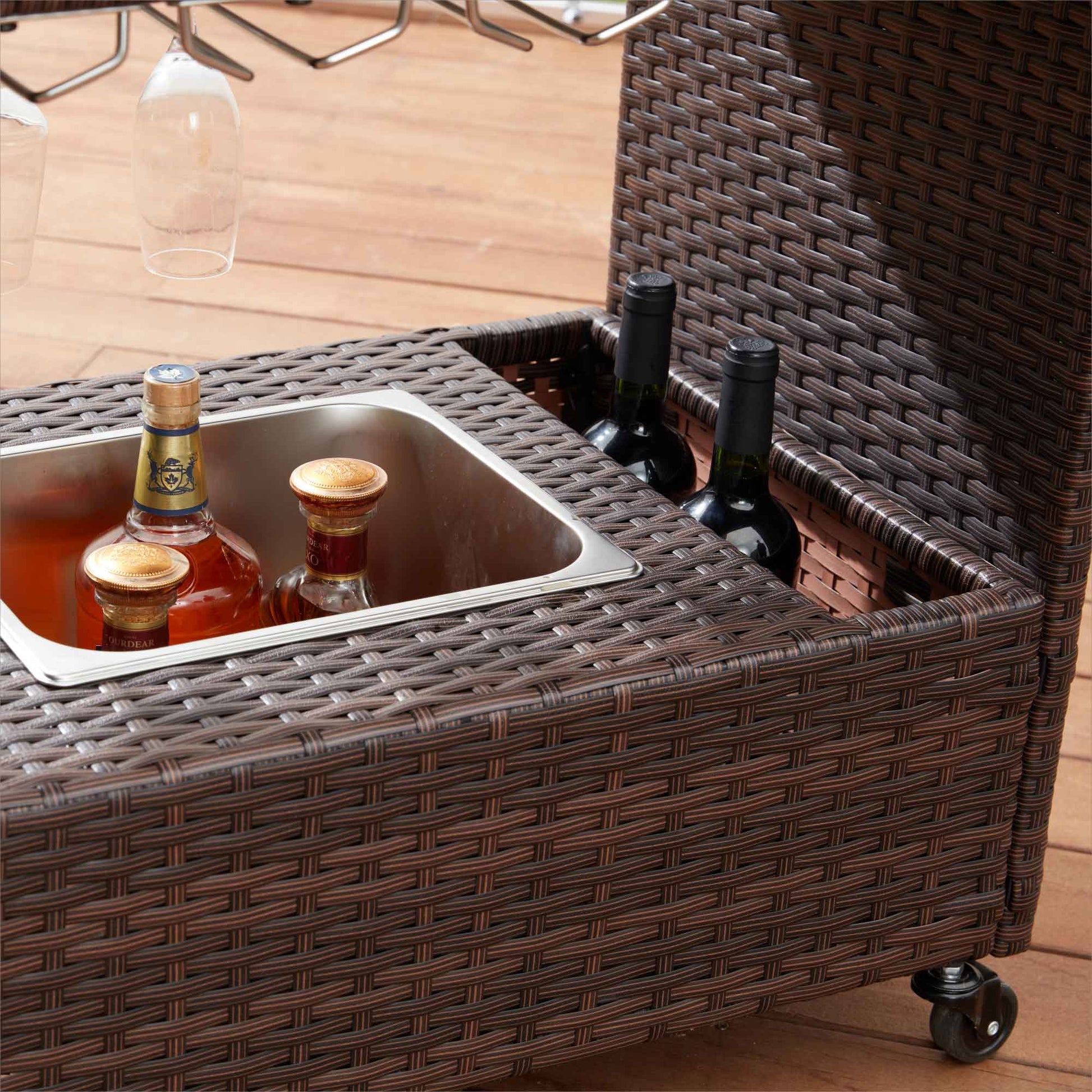 Outdoor Wicker Bar Cart with Removable Ice Bucket and Wheels for Party, Brown | Homrest Furniture