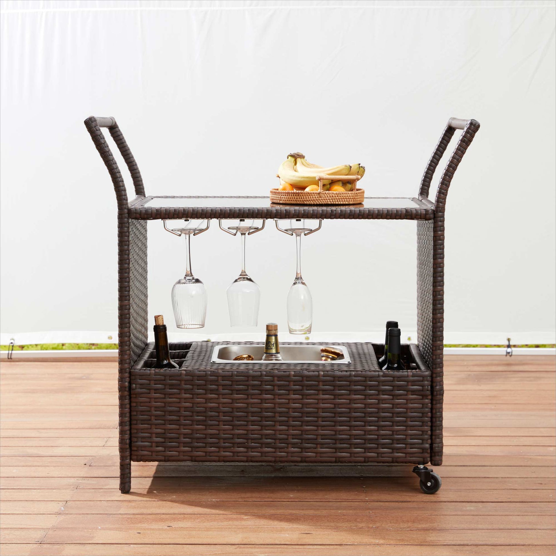 Outdoor Wicker Bar Cart with Removable Ice Bucket and Wheels for Party, Brown