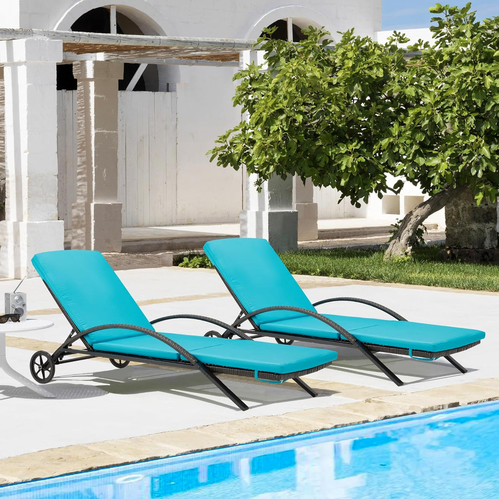 HOMREST Outdoor Chaise Lounge Chair Set of 2, PE Rattan Wicker Pool Lounge Chair with Wheels for Poolside (Blue)